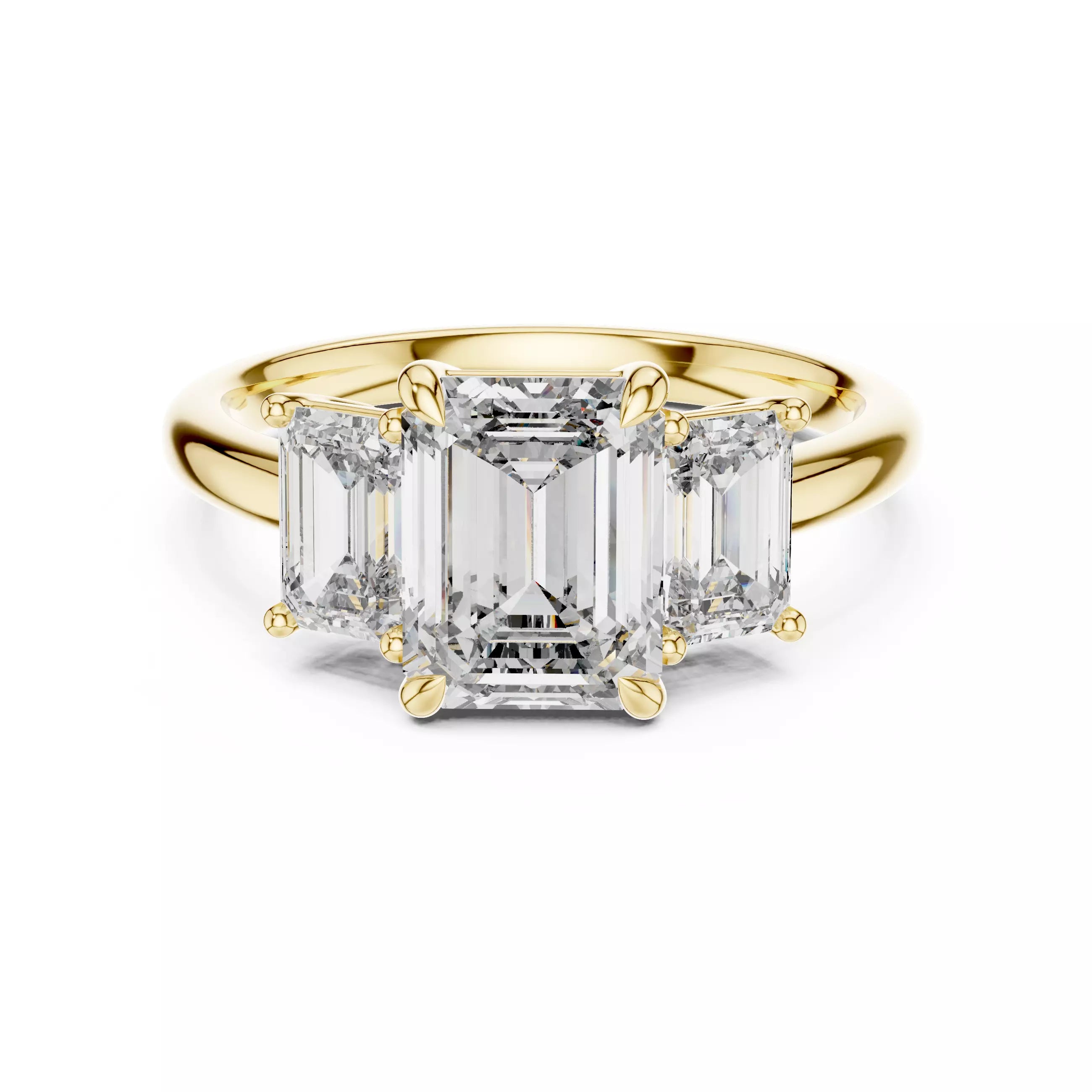 Three Stone Emerald Cut Diamond Engagement Ring - Yellow Gold