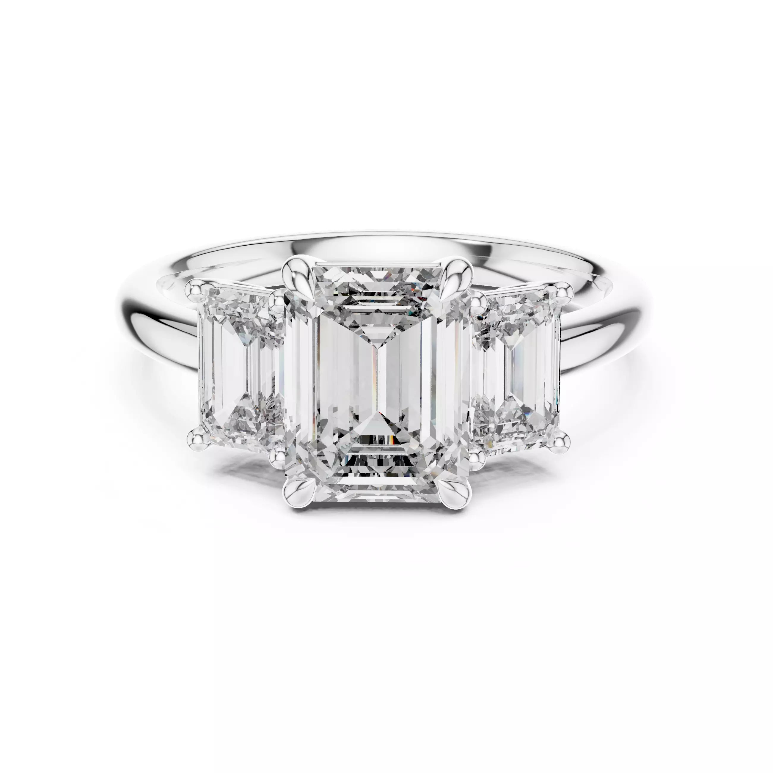 Three Stone Emerald Cut Diamond Engagement Ring - White Gold