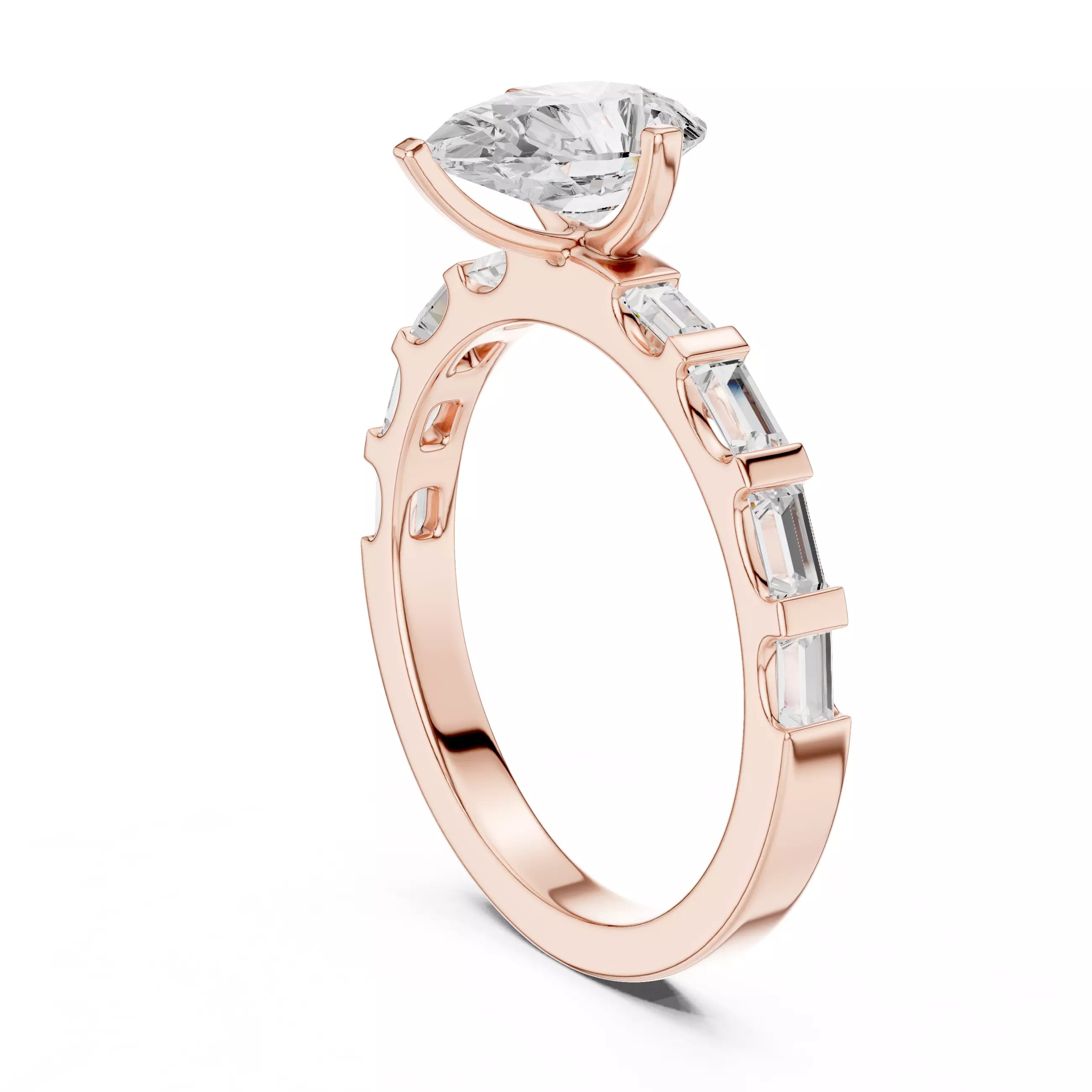 Pear And Baguette Cut U Cut Setting Wedding Ring in Rose Gold - side view