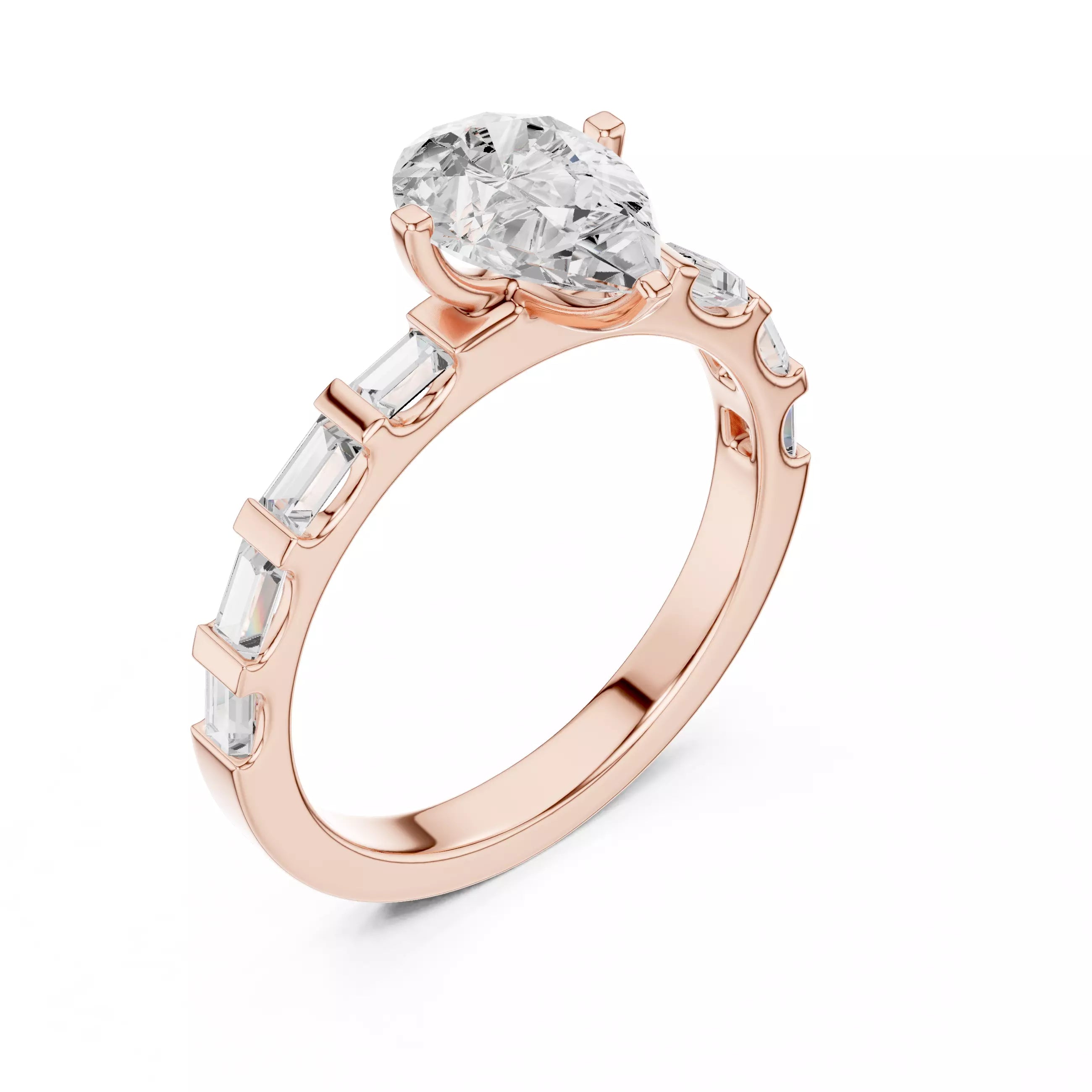 Pear And Baguette Cut U Cut Setting Wedding Ring in Rose Gold - angle view