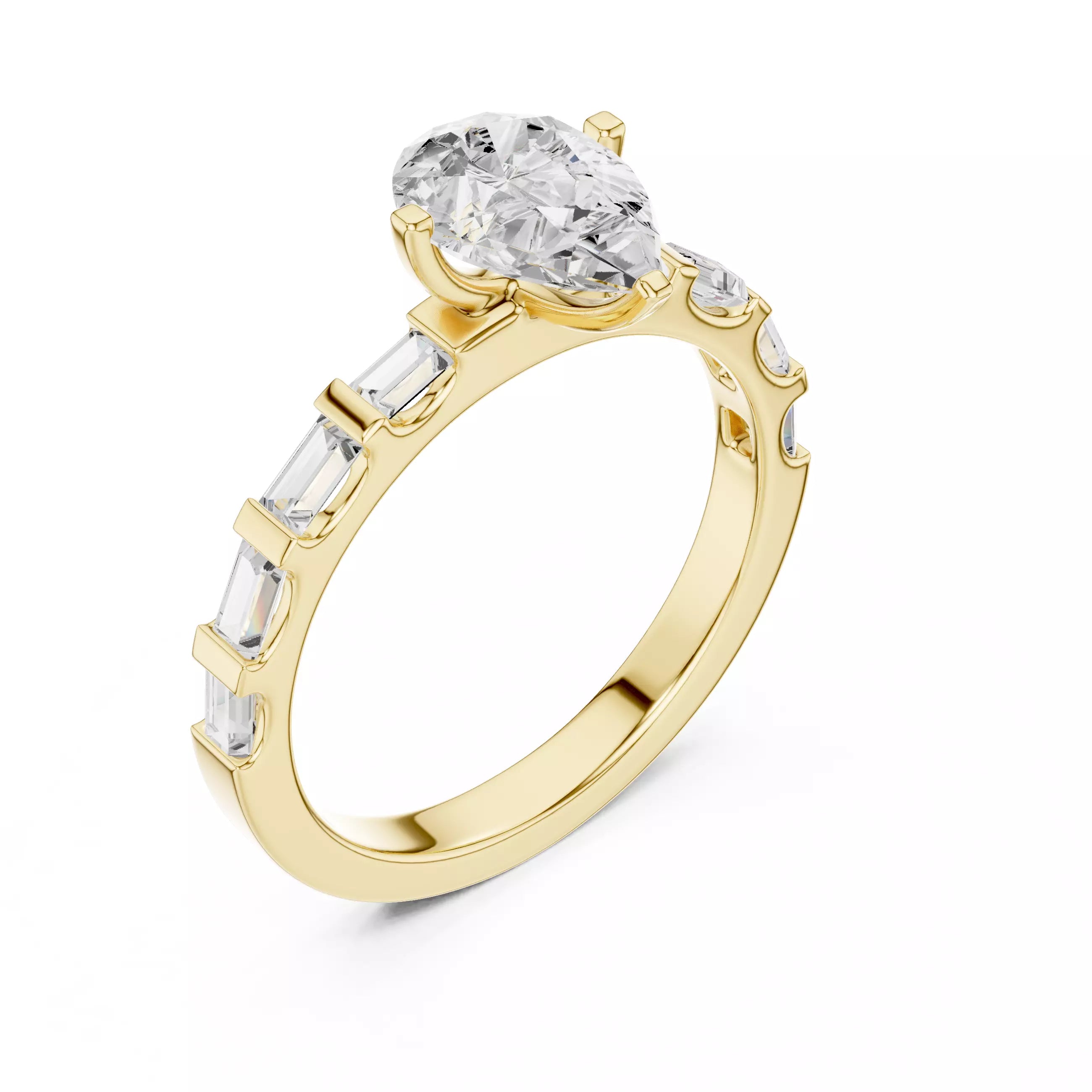 Pear And Baguette Cut U Cut Setting Wedding Ring in Yellow Gold - angle view