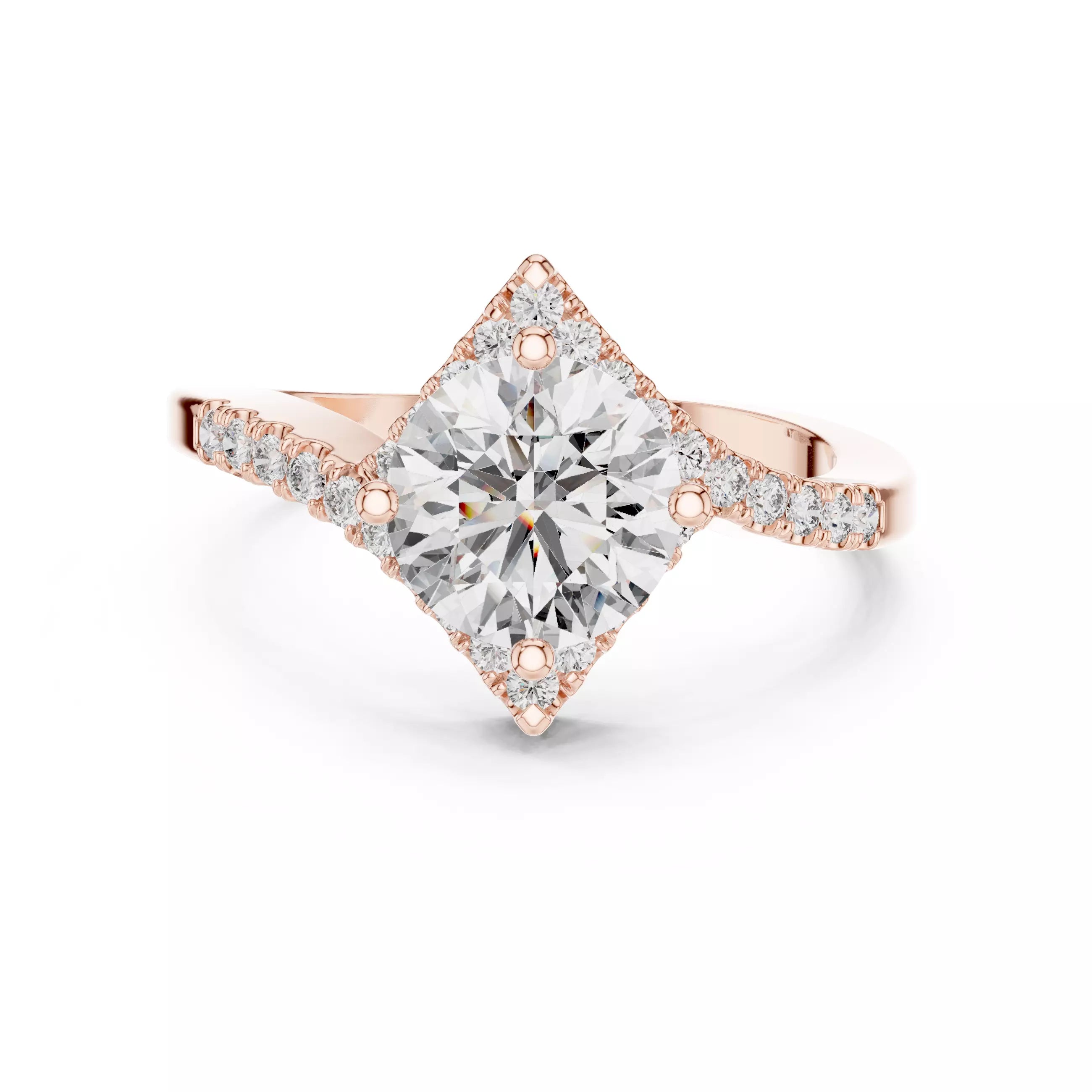 Bypass Shank Round Diamond Engagement Wedding Ring in Rose Gold - front view