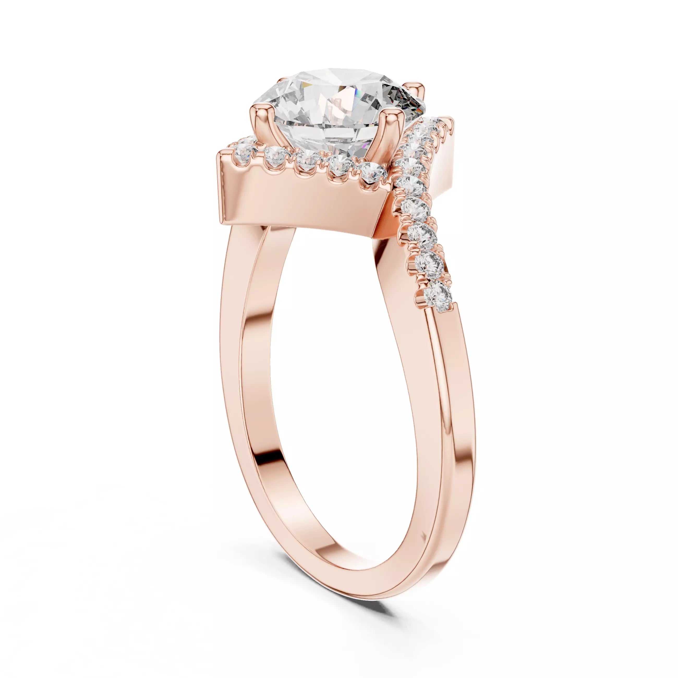 Bypass Shank Round Diamond Engagement Wedding Ring in Rose Gold - side view