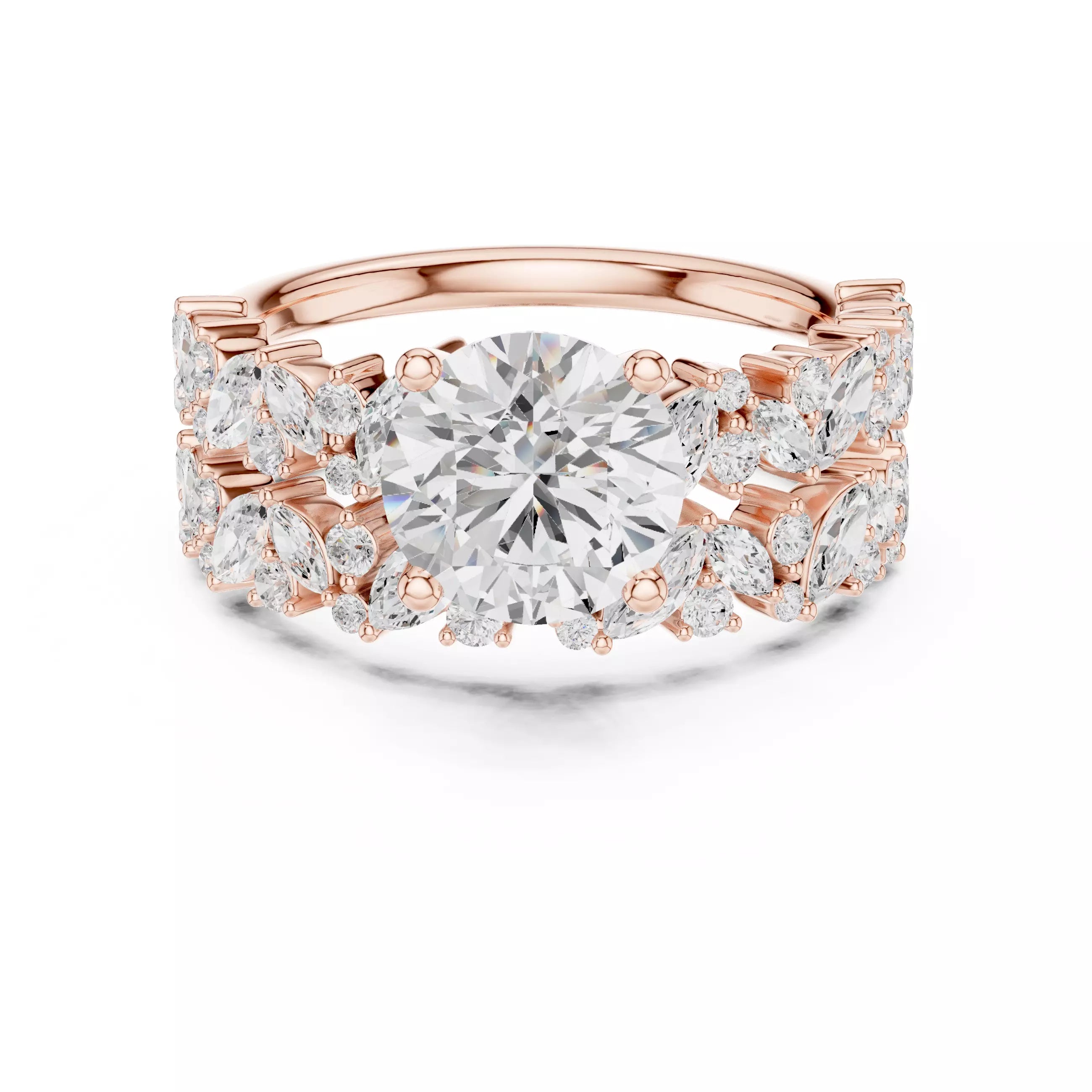 Marquise And Round Cut Cluster Wedding Ring Set in Rose Gold - front view
