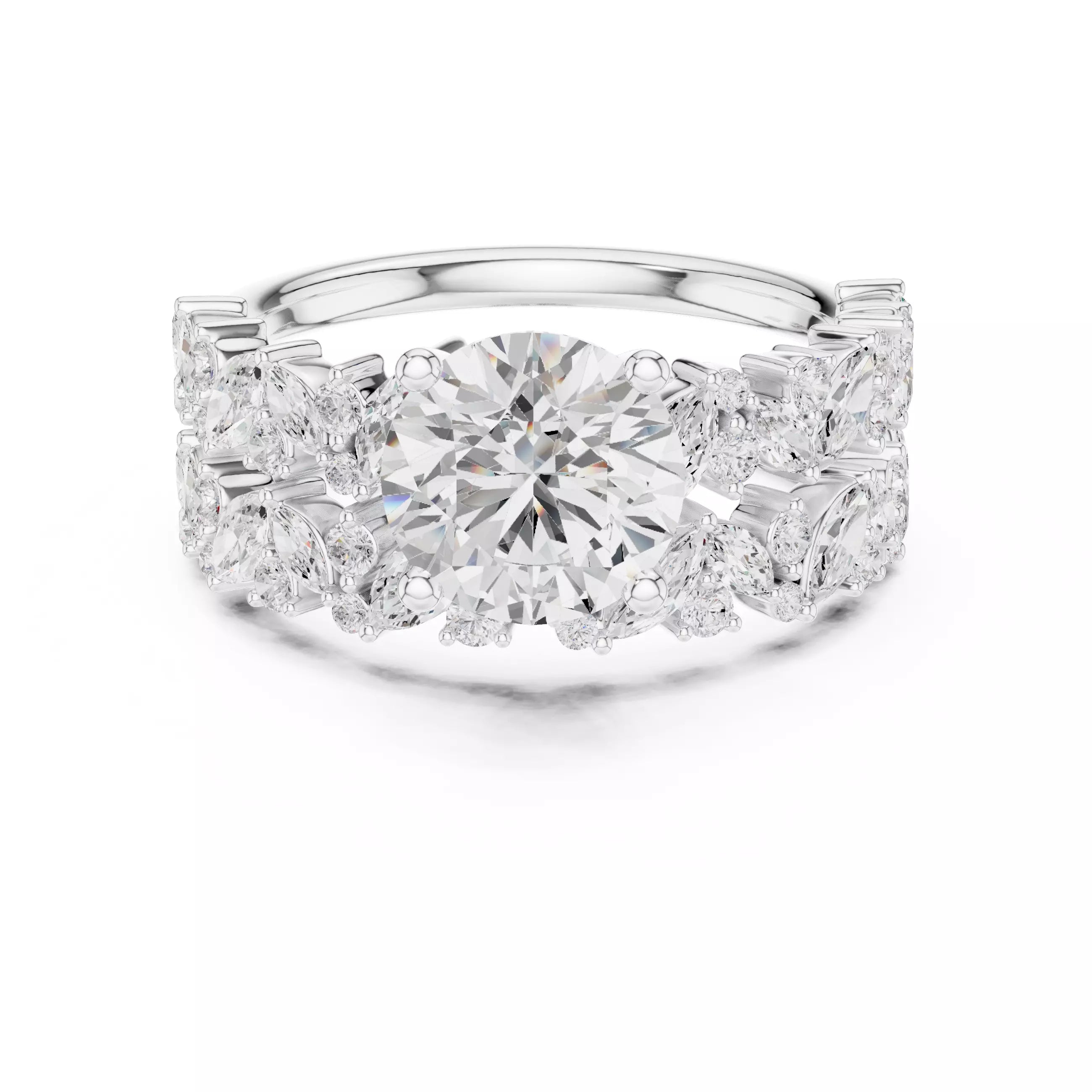 Marquise And Round Cut Cluster Wedding Ring Set in White Gold - front view