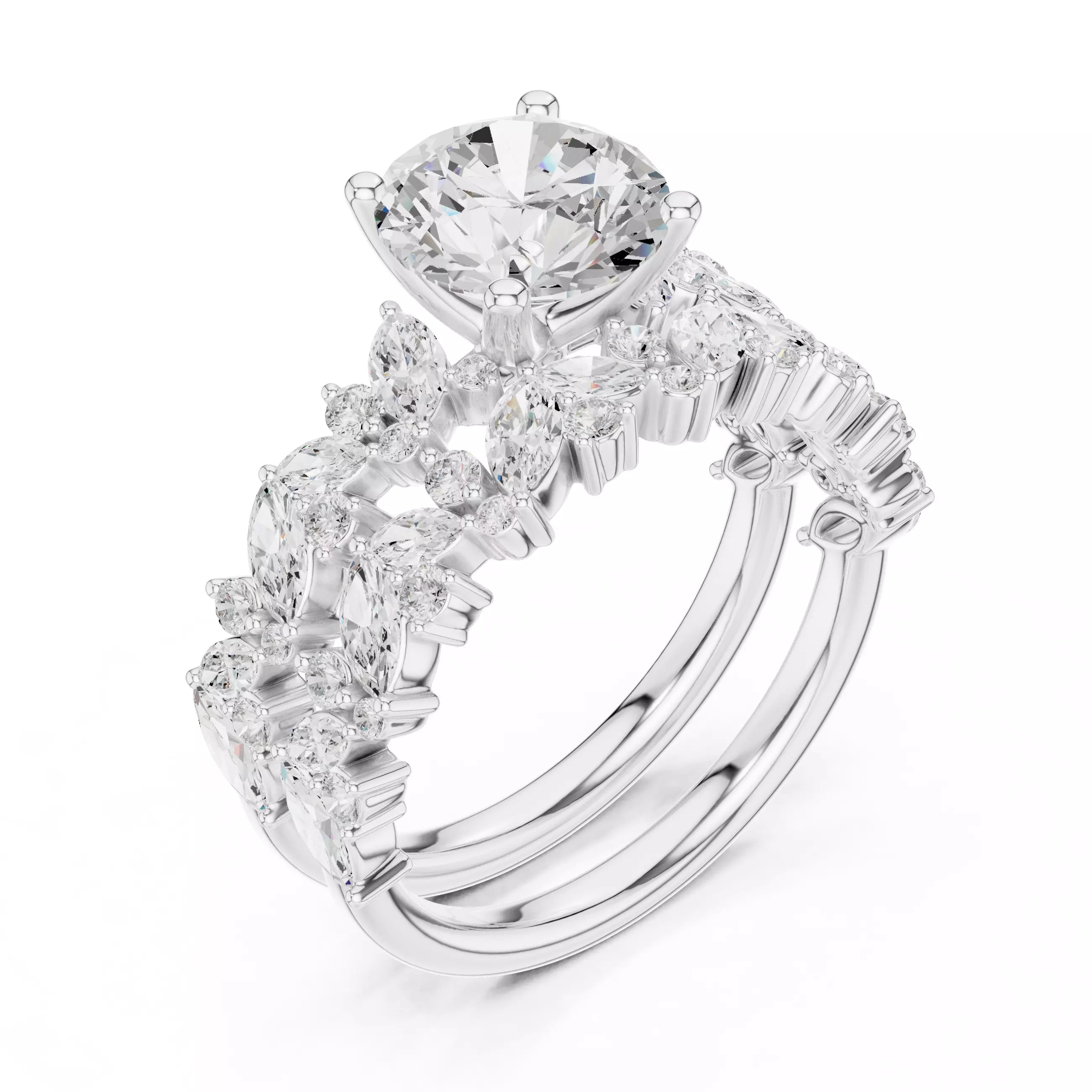 Marquise And Round Cut Cluster Wedding Ring Set in White Gold - angle view