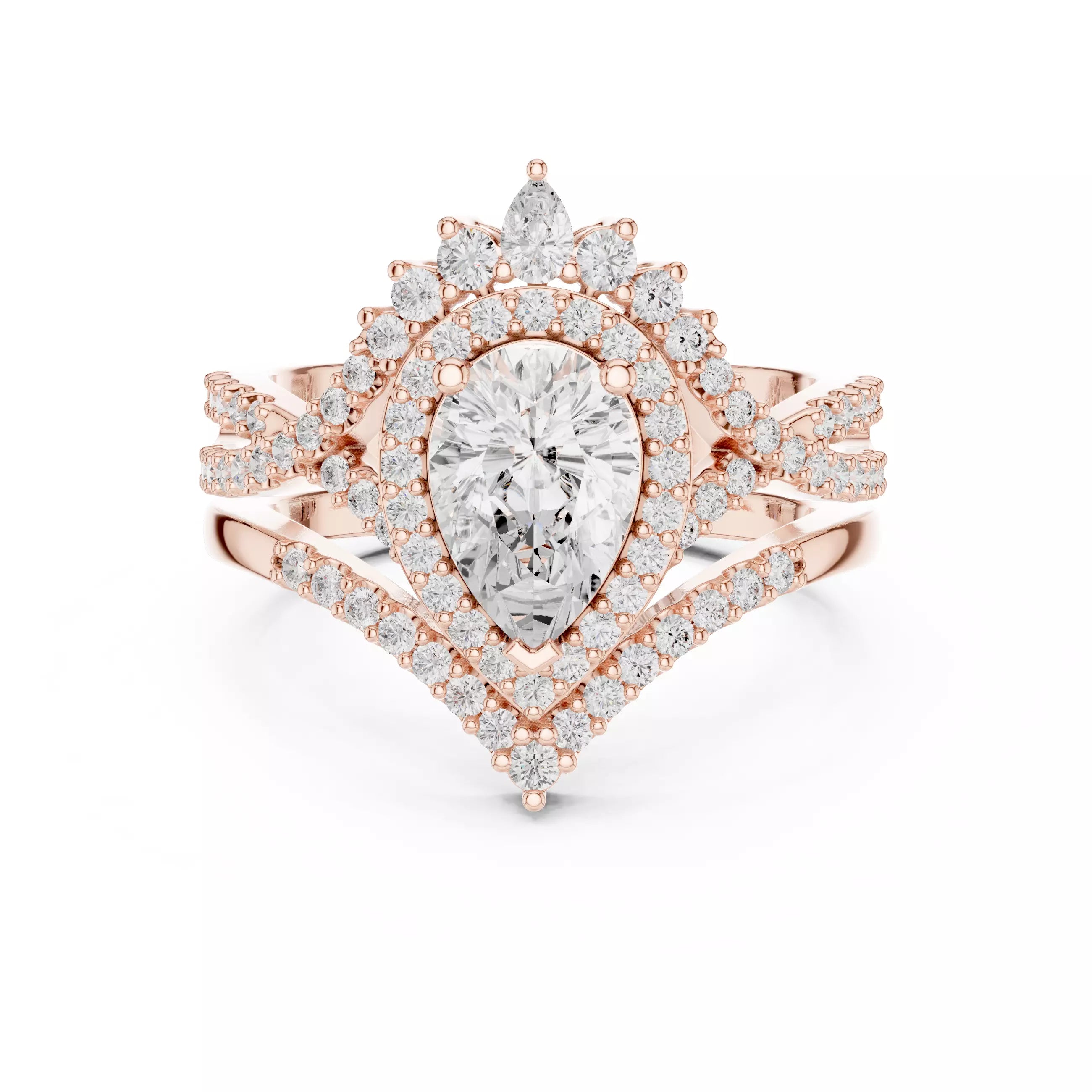 Pear Cut Cross Over Shank Wedding Ring Set in Rose Gold - front view
