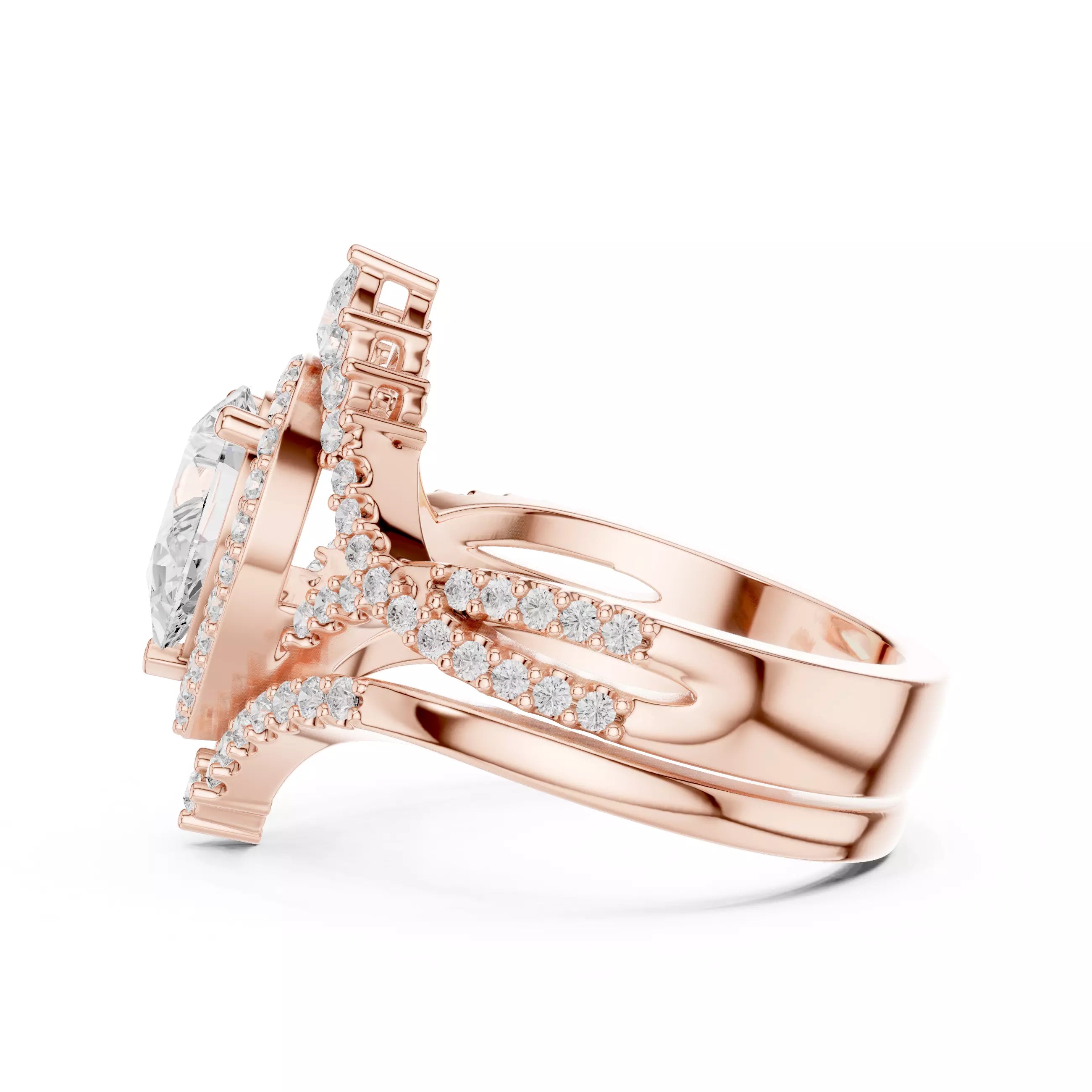 Pear Cut Cross Over Shank Wedding Ring Set in Rose Gold - detail view