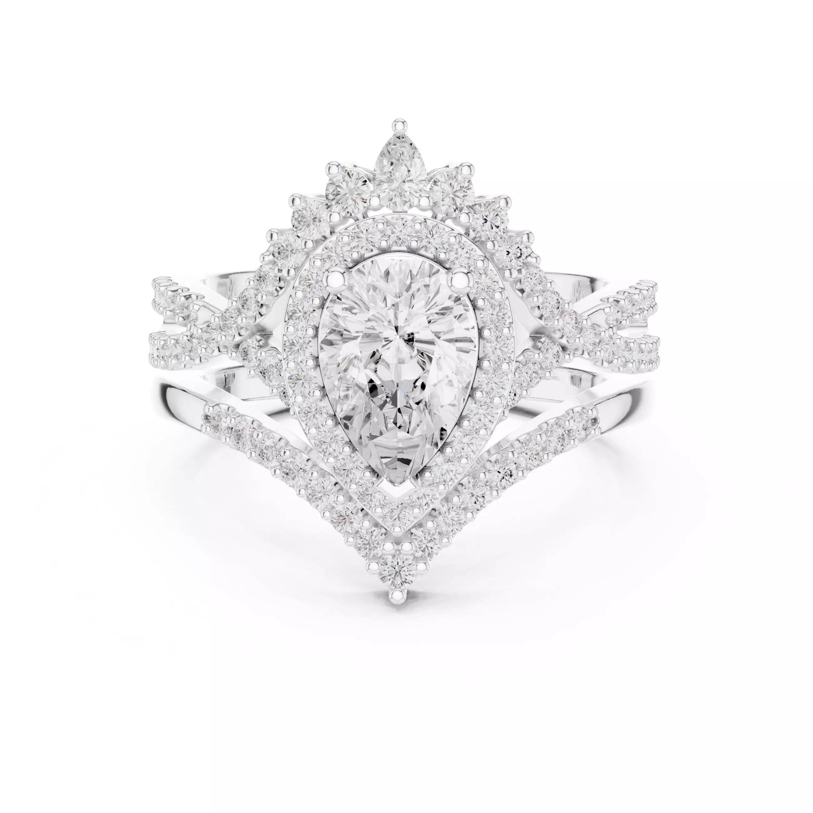 Pear Cut Cross Over Shank Wedding Ring Set in White Gold - front view