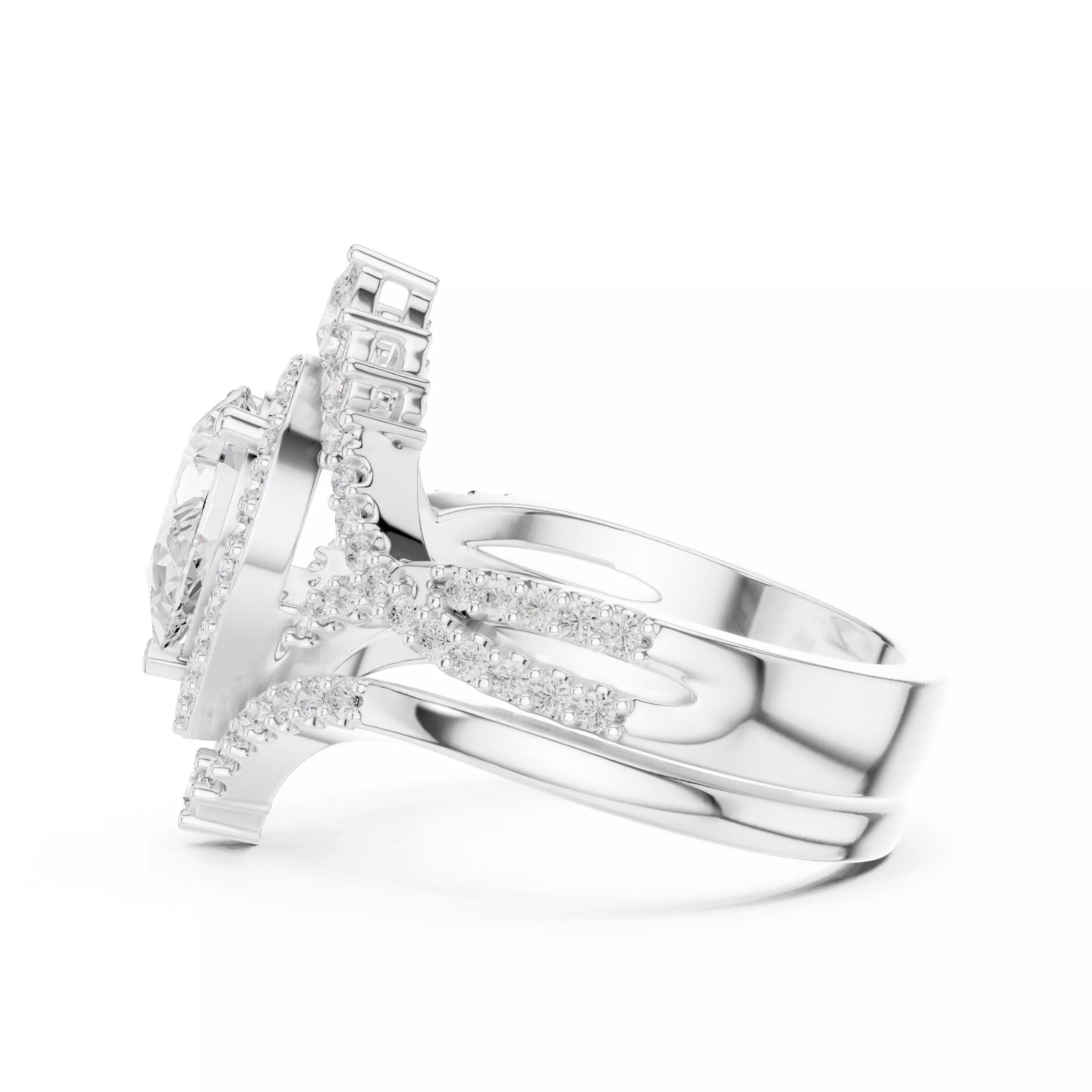 Pear Cut Cross Over Shank Wedding Ring Set in White Gold - detail view