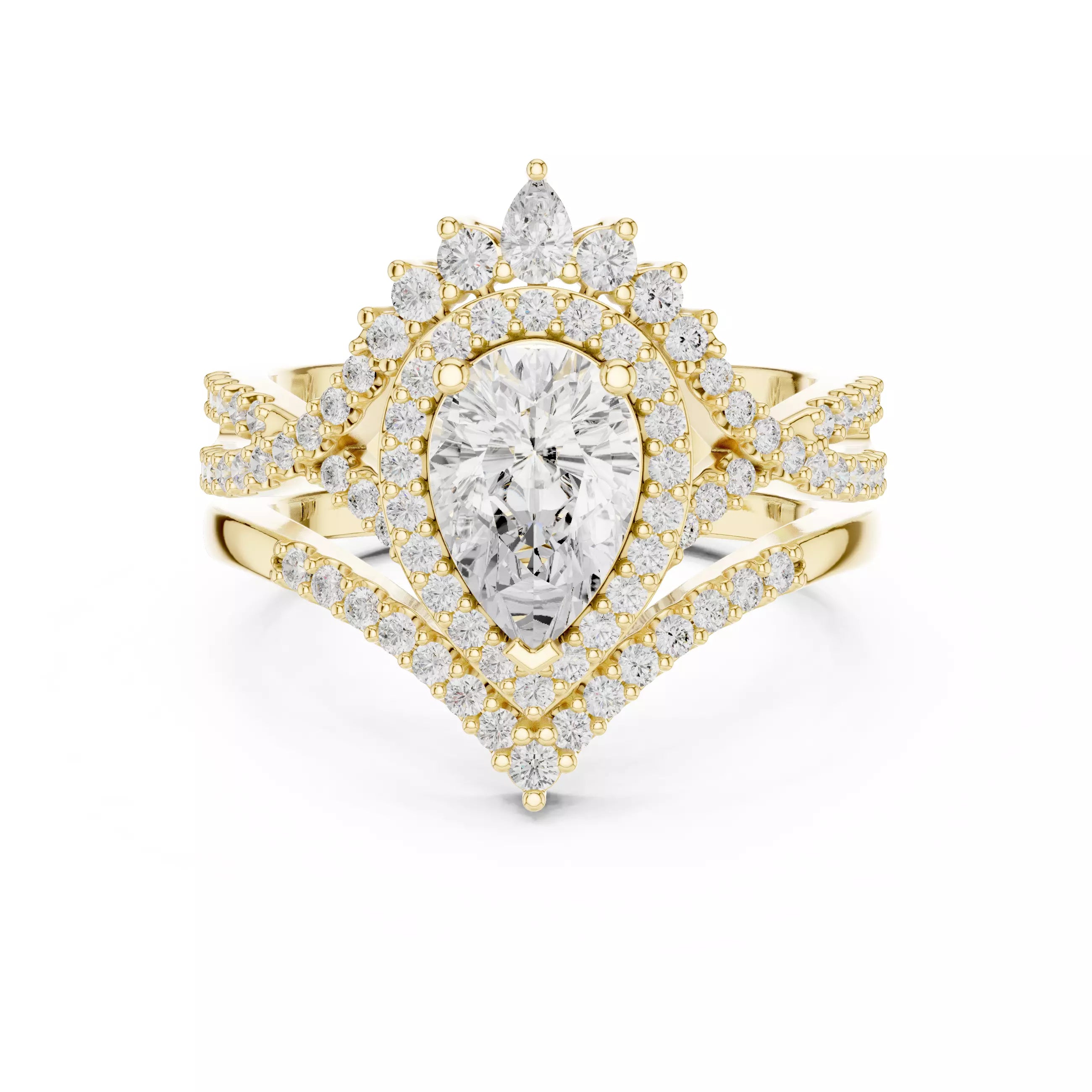 Pear Cut Cross Over Shank Wedding Ring Set in Yellow Gold - front view