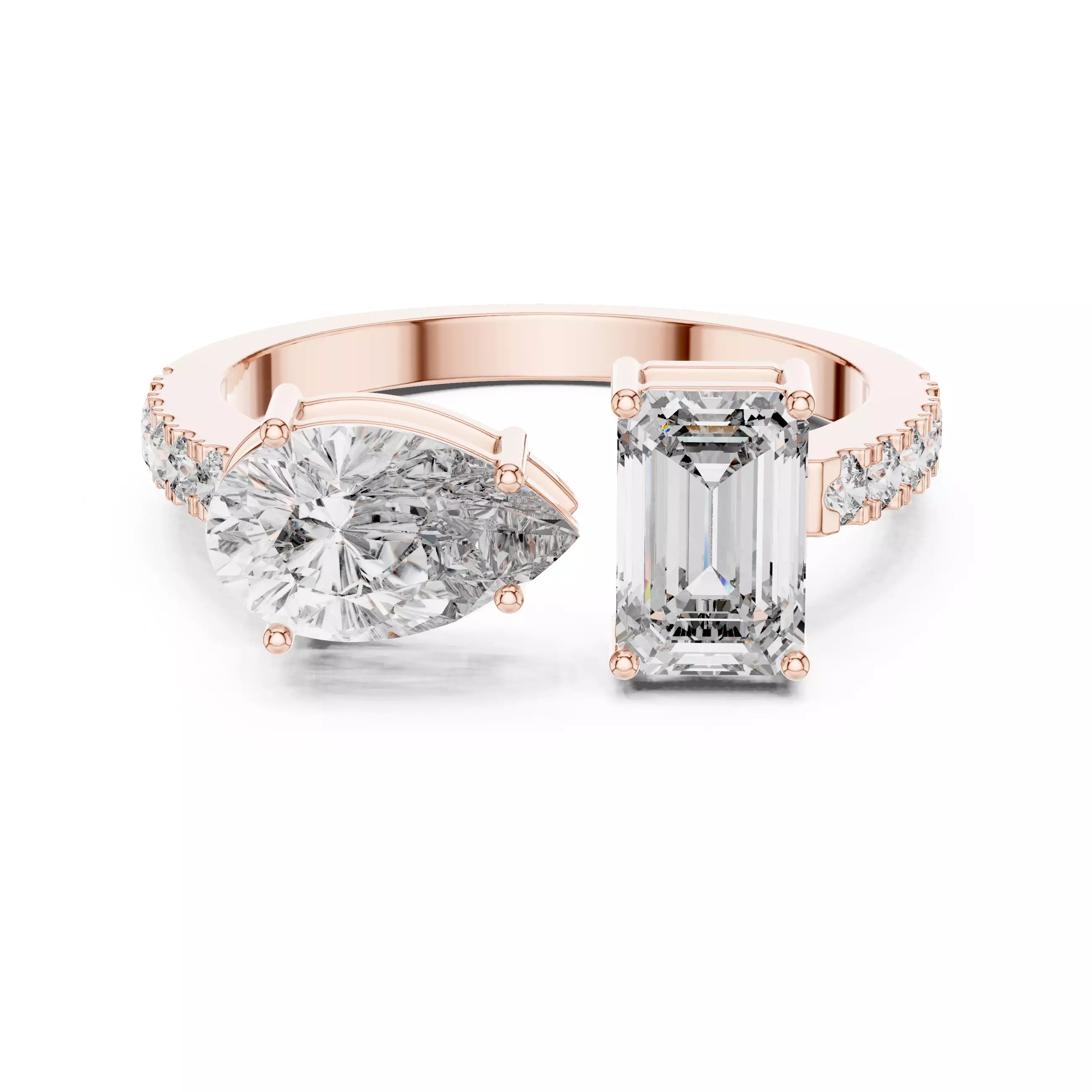 Open Cuff Emerald And Pear Cut Wedding Ring in Rose Gold - front view