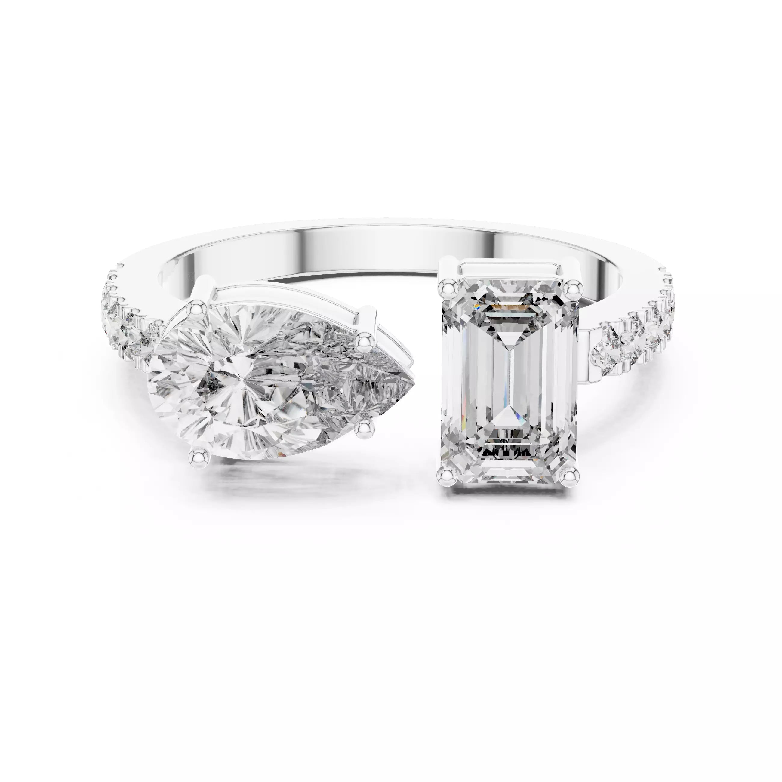 Open Cuff Emerald And Pear Cut Wedding Ring in White Gold - front view