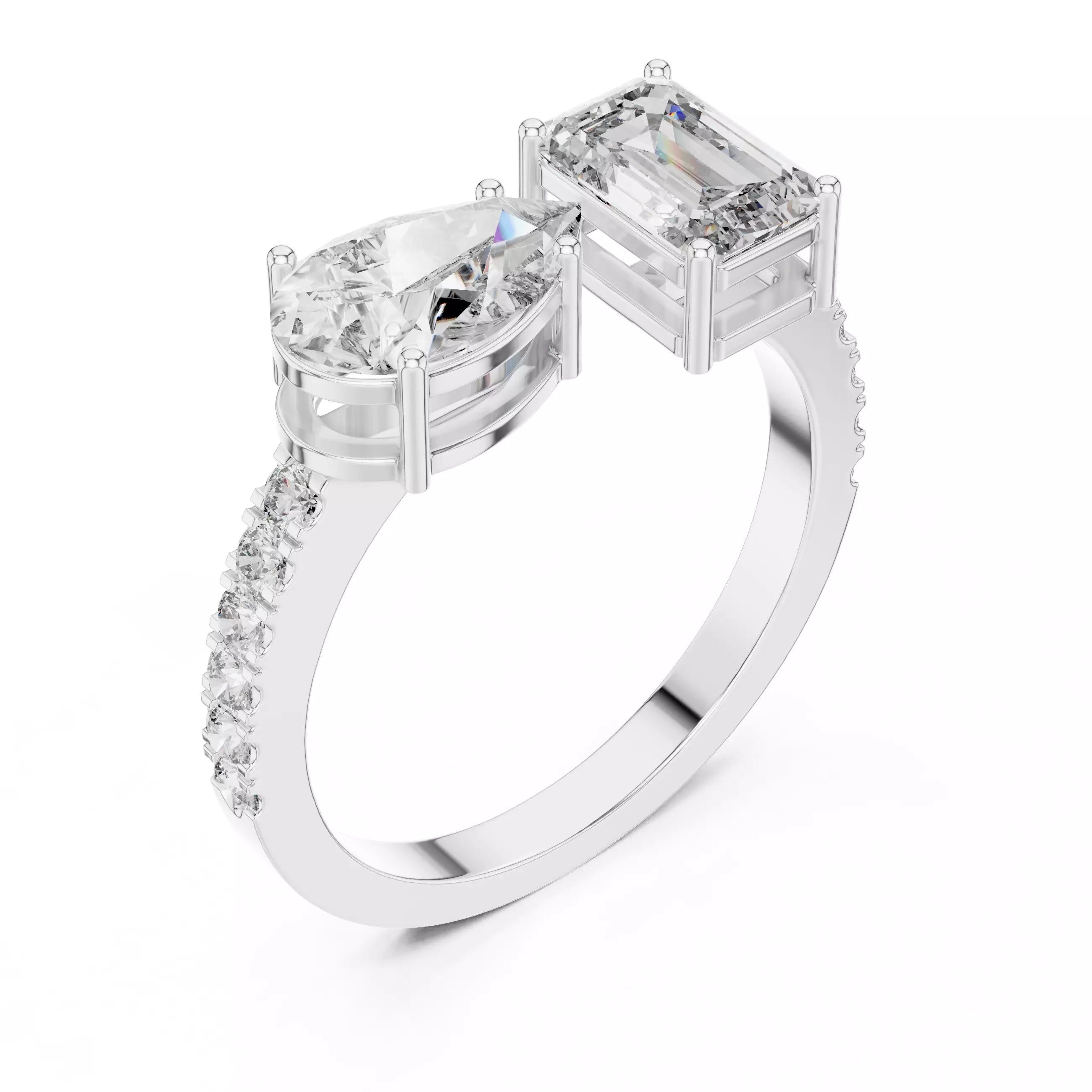 Open Cuff Emerald And Pear Cut Wedding Ring in White Gold - angle view