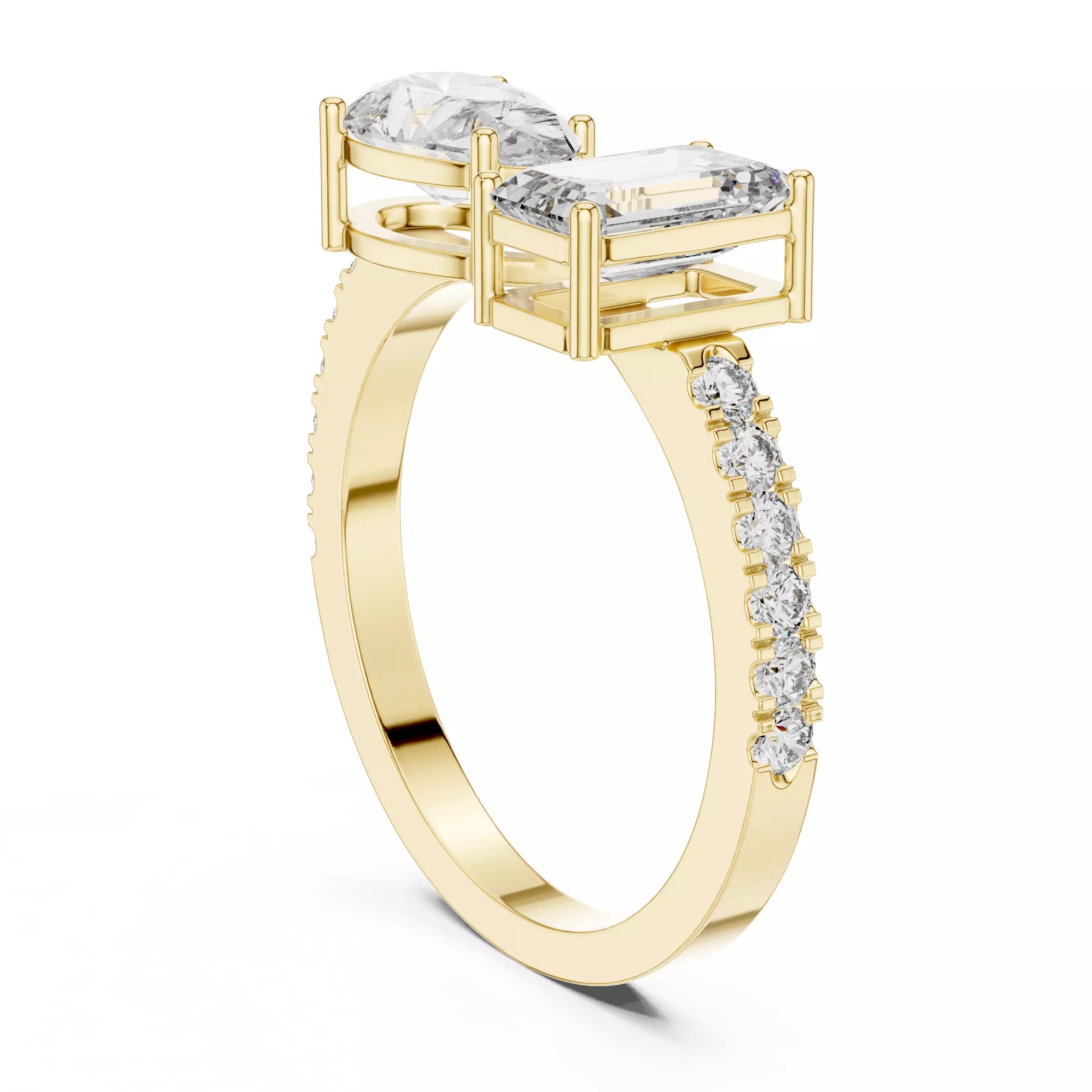 Open Cuff Emerald And Pear Cut Wedding Ring in Yellow Gold - side view