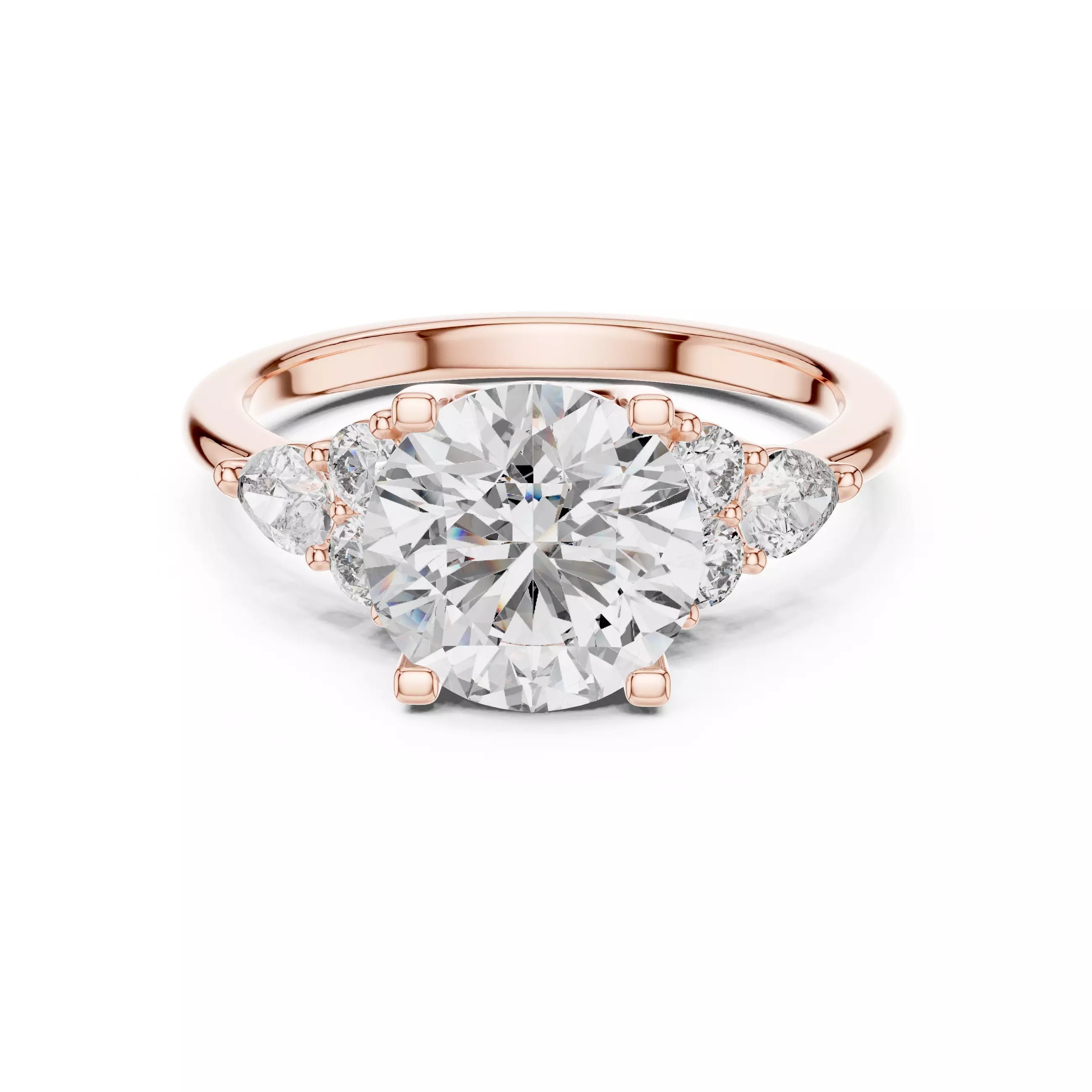 Round And Pear Cut Diamond Engagement Ring in Rose Gold - front view