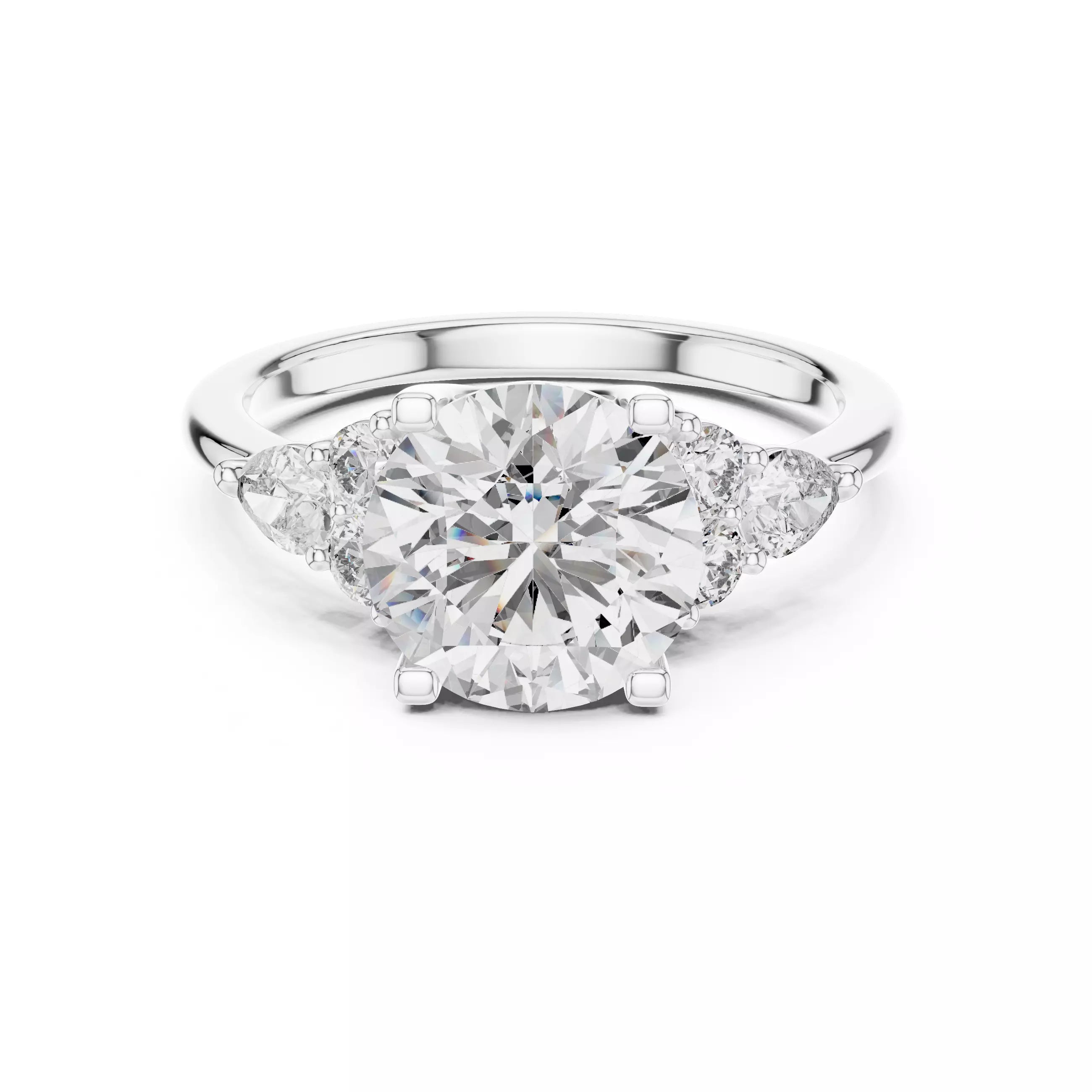 Round And Pear Cut Diamond Engagement Ring in White Gold - front view