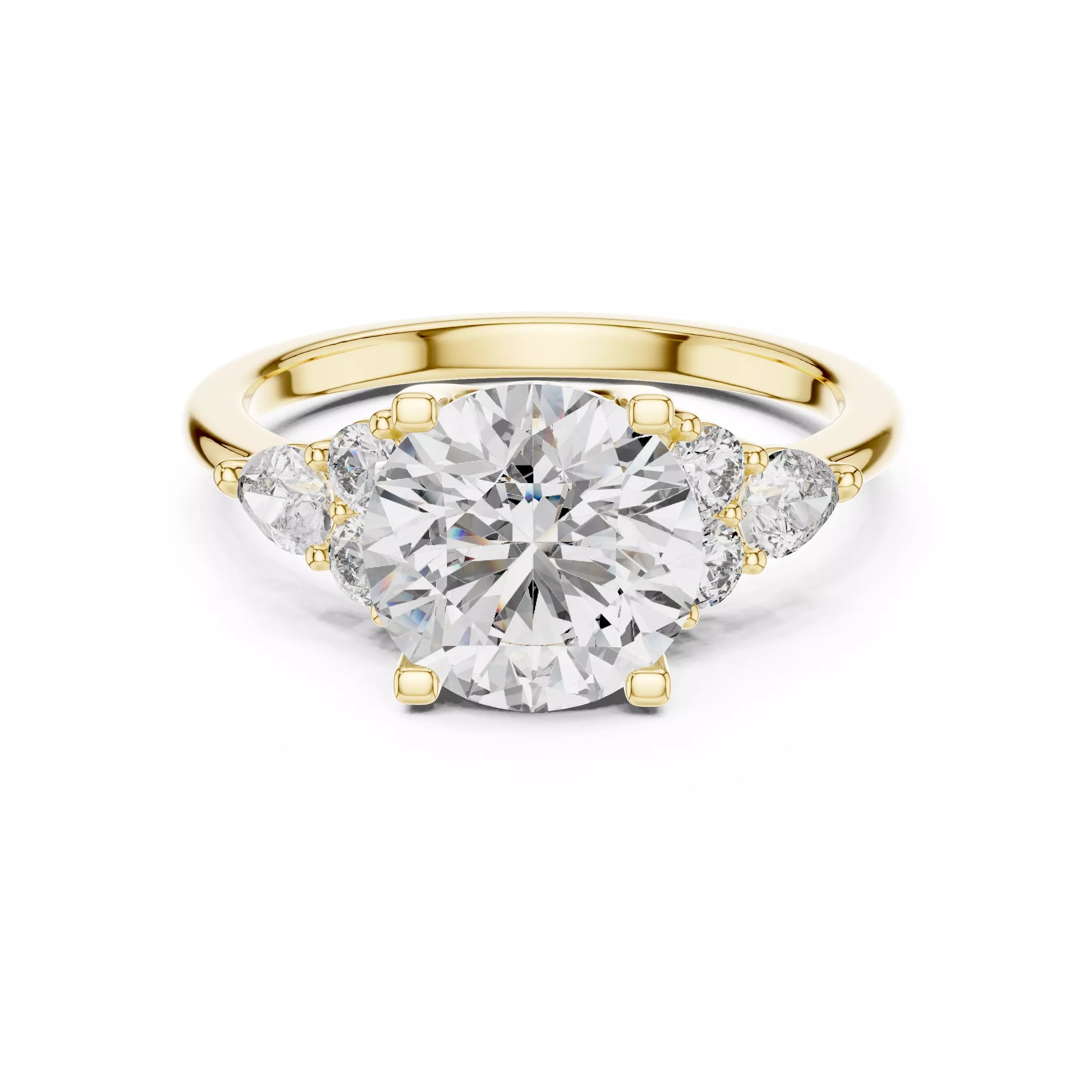 Round And Pear Cut Diamond Engagement Ring in Yellow Gold - front view