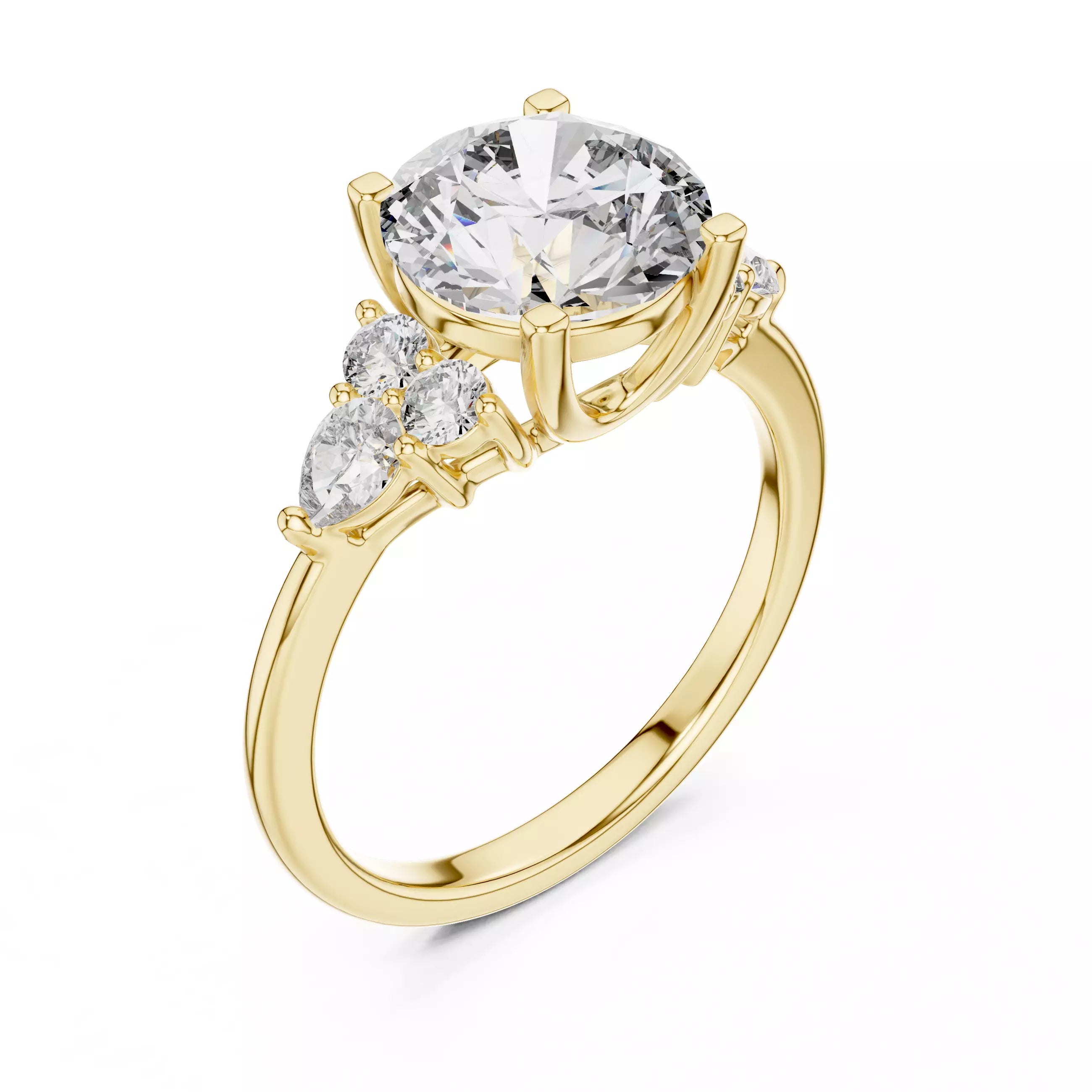 Round And Pear Cut Diamond Engagement Ring in Yellow Gold - angle view