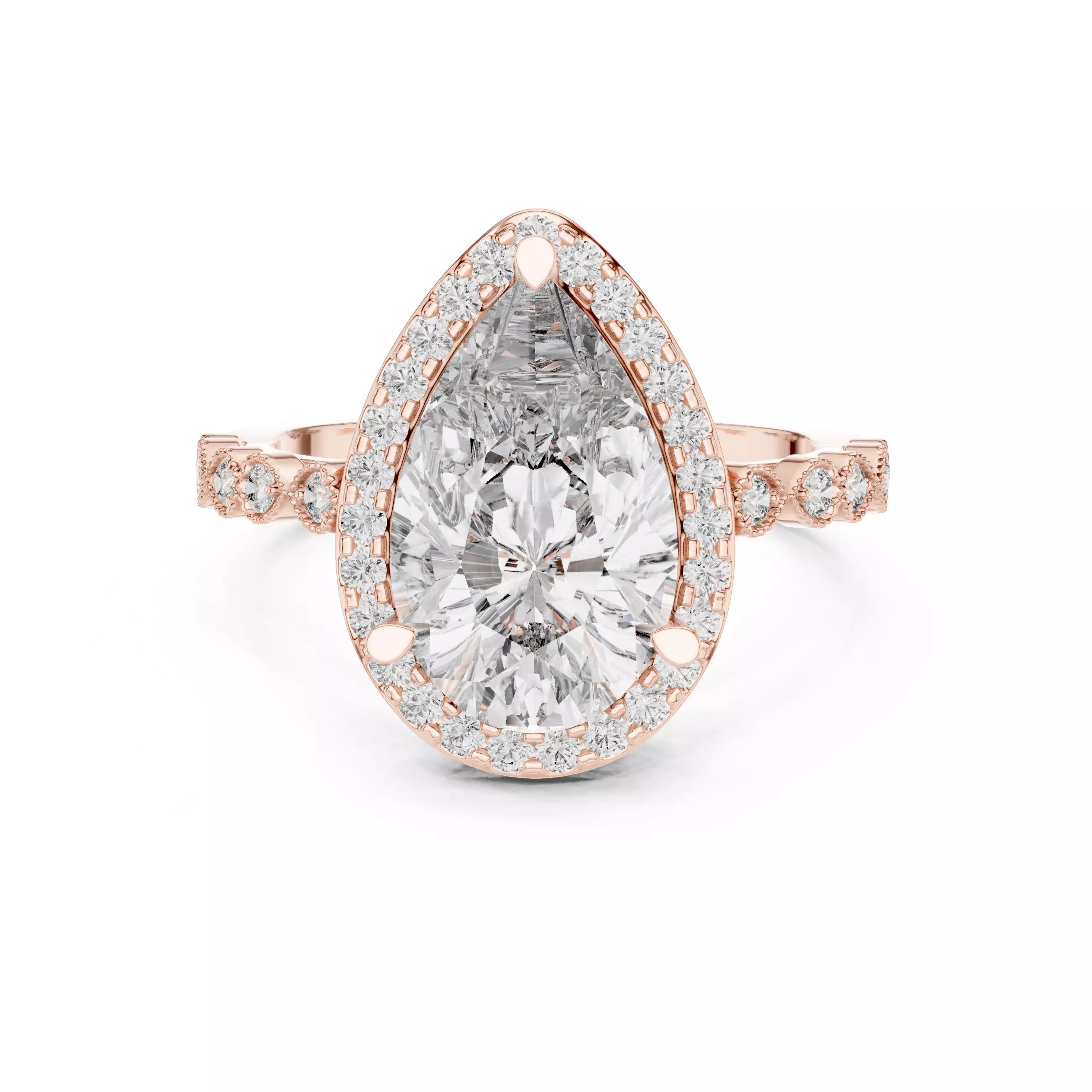 3.05ct Pear Cut Halo Diamond Engagement Wedding Ring in Rose Gold - front view