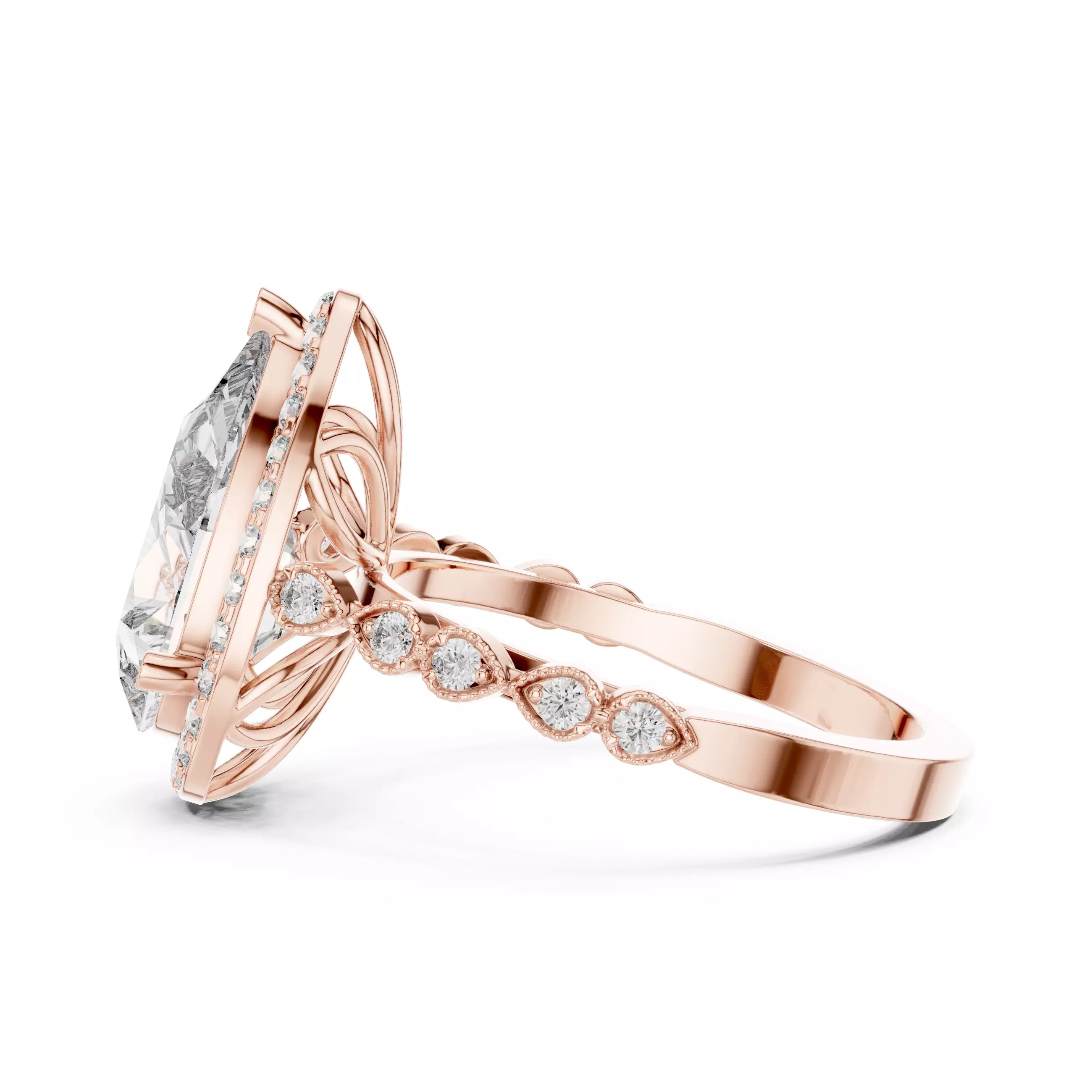 3.05ct Pear Cut Halo Diamond Engagement Wedding Ring in Rose Gold - detail view