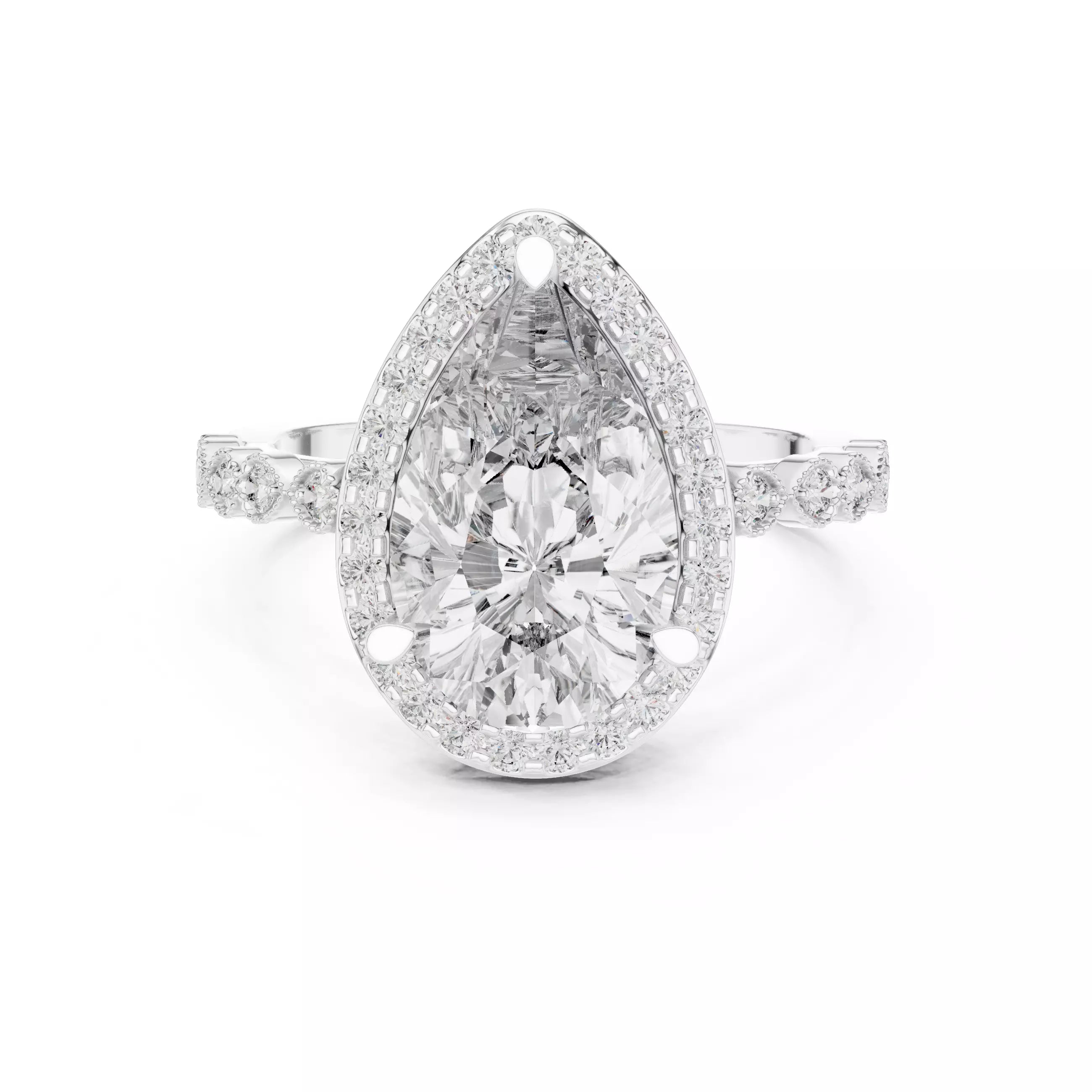 3.05ct Pear Cut Halo Diamond Engagement Wedding Ring in White Gold - front view
