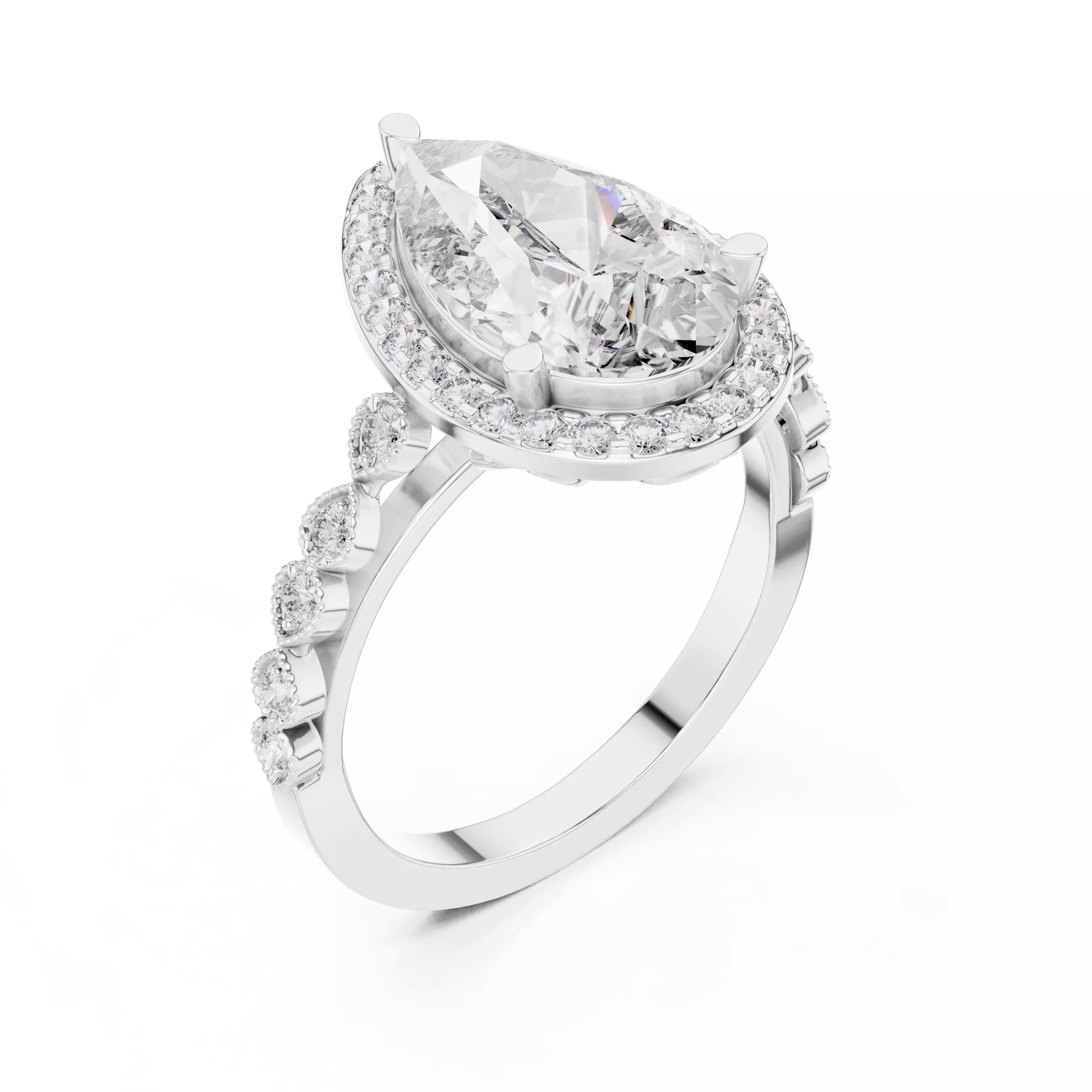 3.05ct Pear Cut Halo Diamond Engagement Wedding Ring in White Gold - angle view