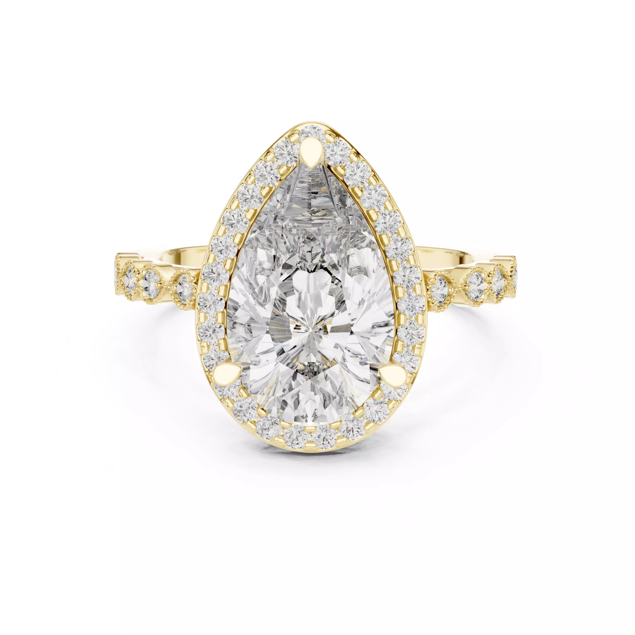 3.05ct Pear Cut Halo Diamond Engagement Wedding Ring in Yellow Gold - front view