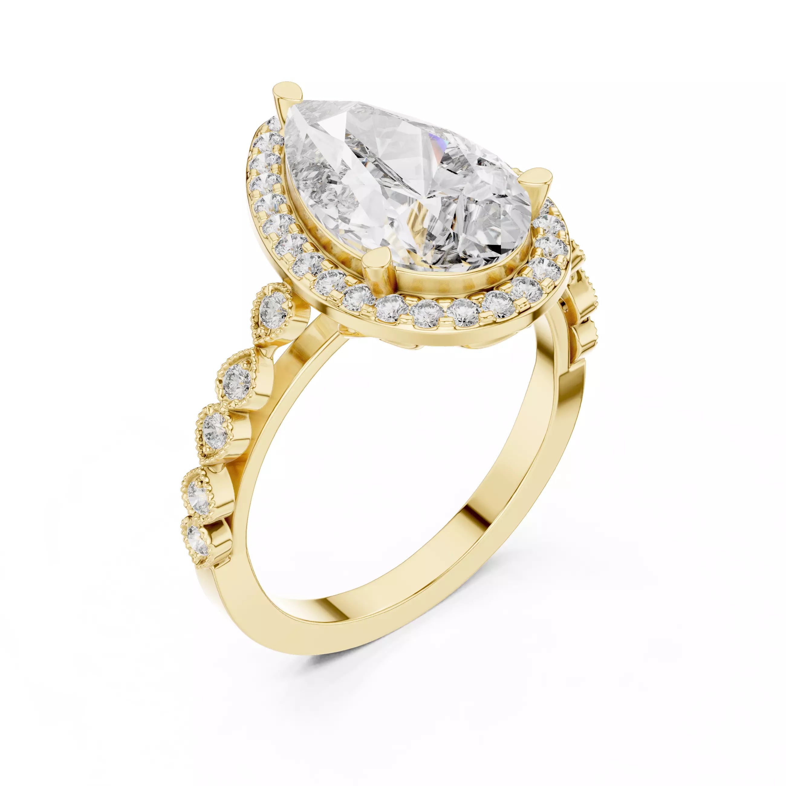 3.05ct Pear Cut Halo Diamond Engagement Wedding Ring in Yellow Gold - angle view