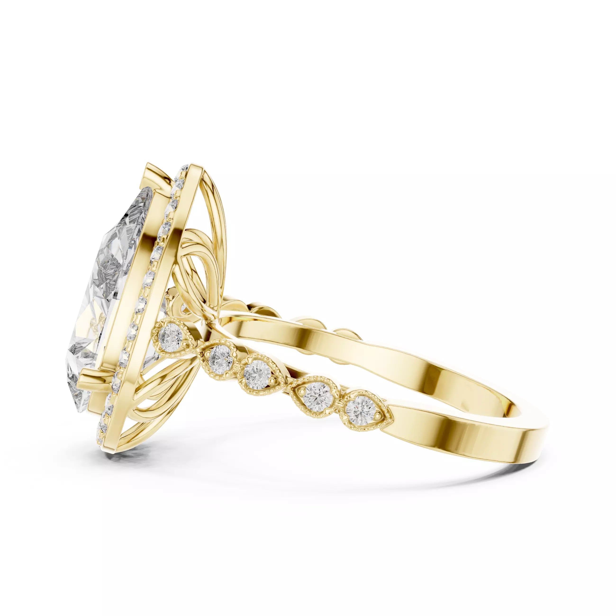 3.05ct Pear Cut Halo Diamond Engagement Wedding Ring in Yellow Gold - detail view