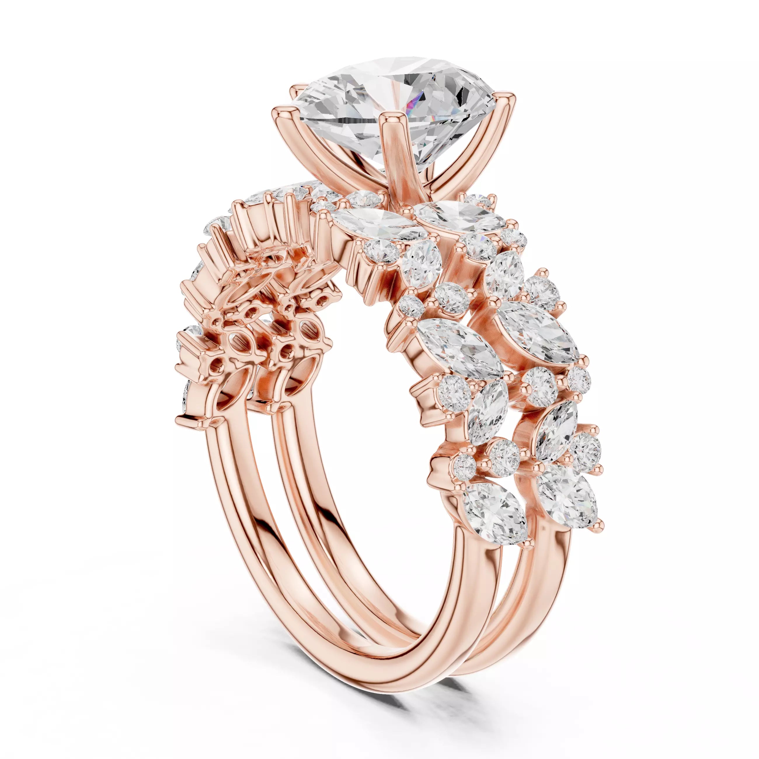 Pear Cut Diamond Half Eternity Wedding Ring Set in Rose Gold - side view