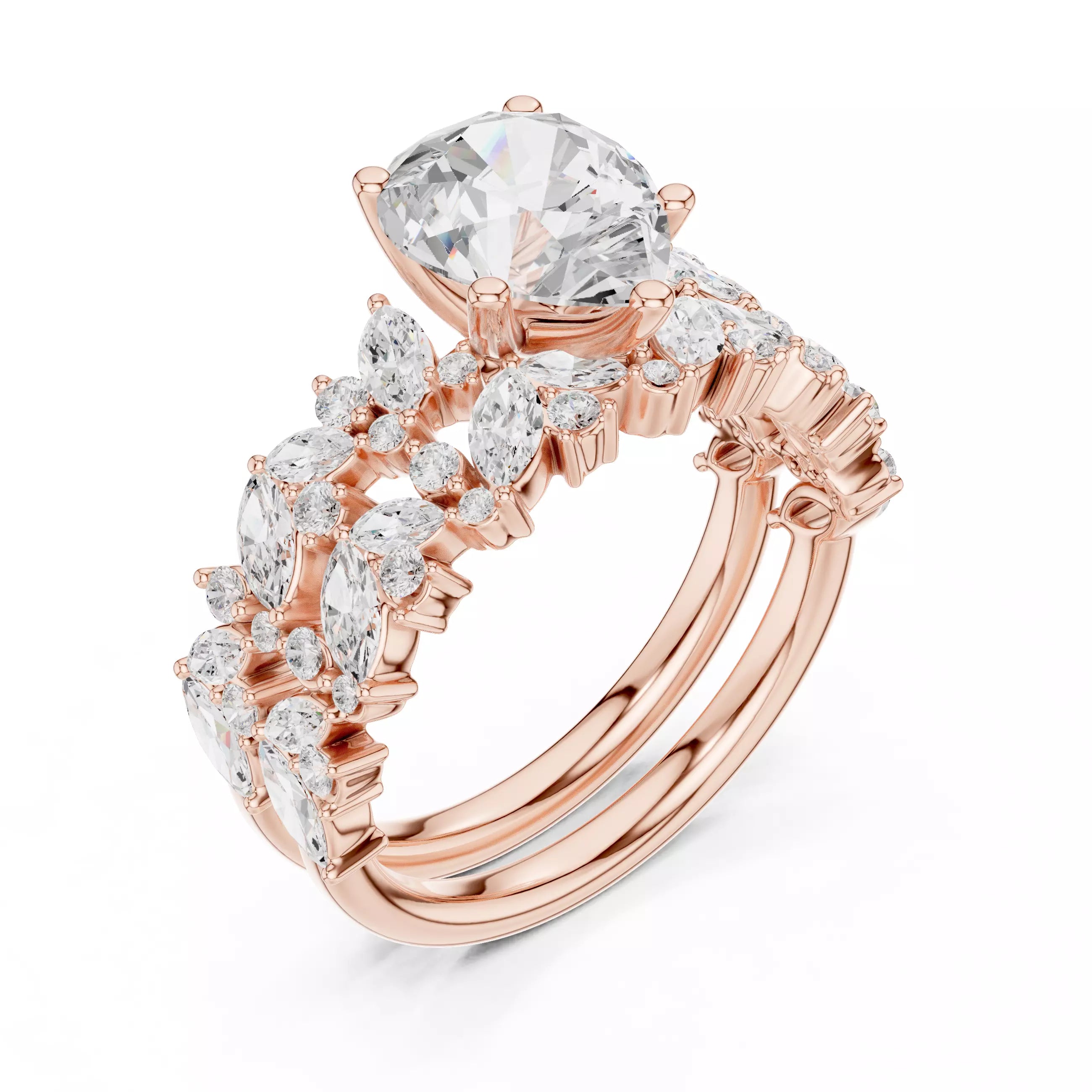 Pear Cut Diamond Half Eternity Wedding Ring Set in Rose Gold - angle view