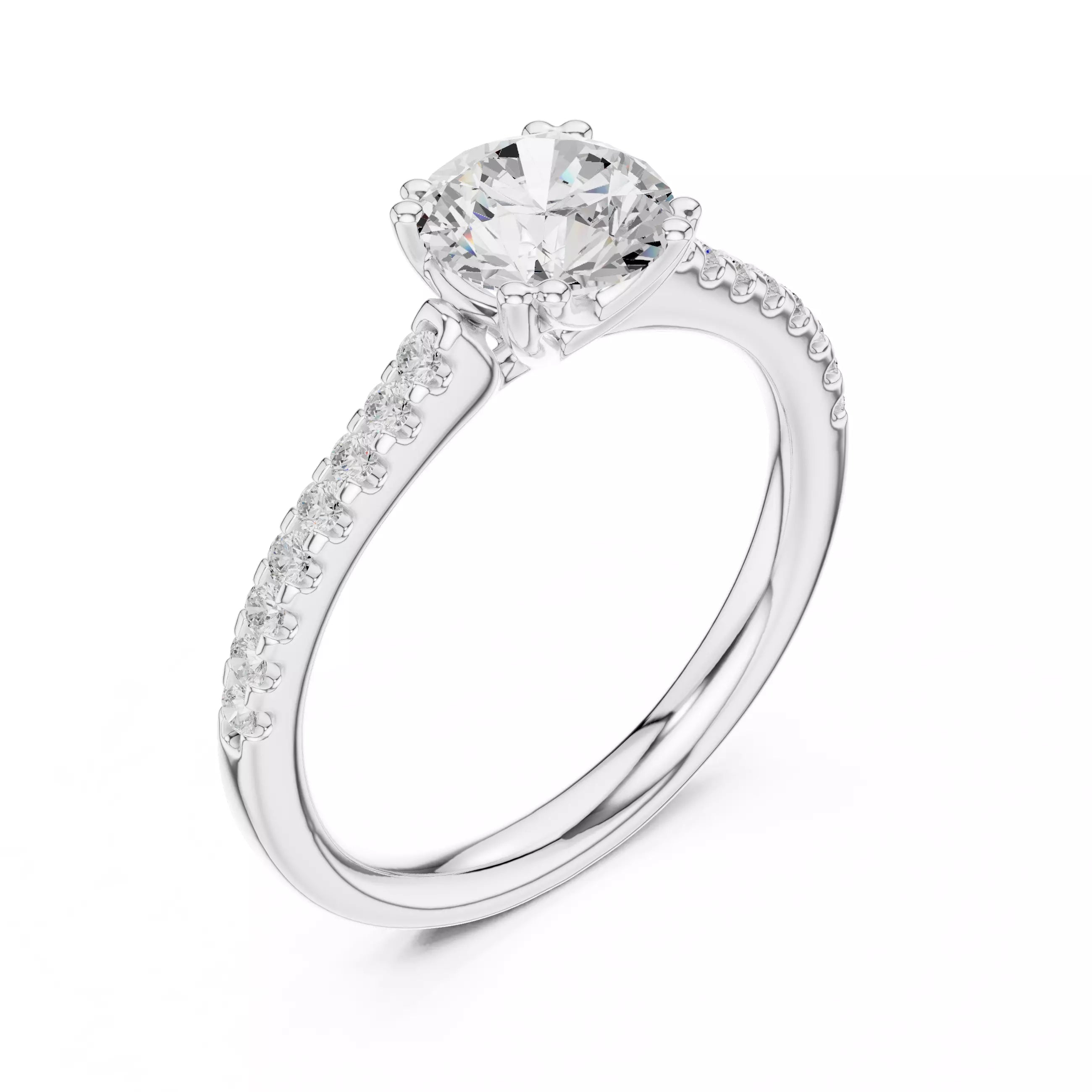 1.05ct Round Cut Pave Diamond Engagement Ring in White Gold - angle view