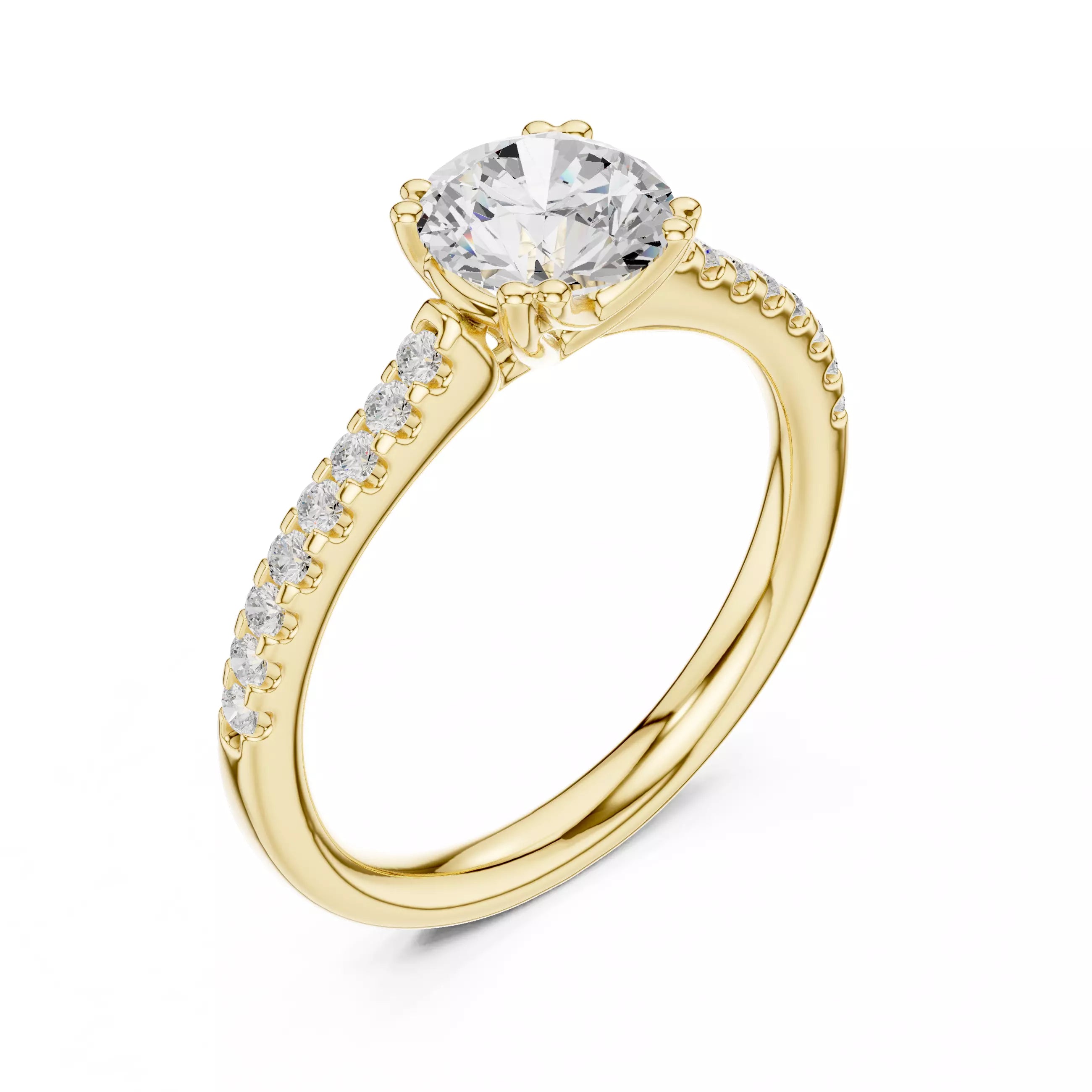 1.05ct Round Cut Pave Diamond Engagement Ring in Yellow Gold - angle view