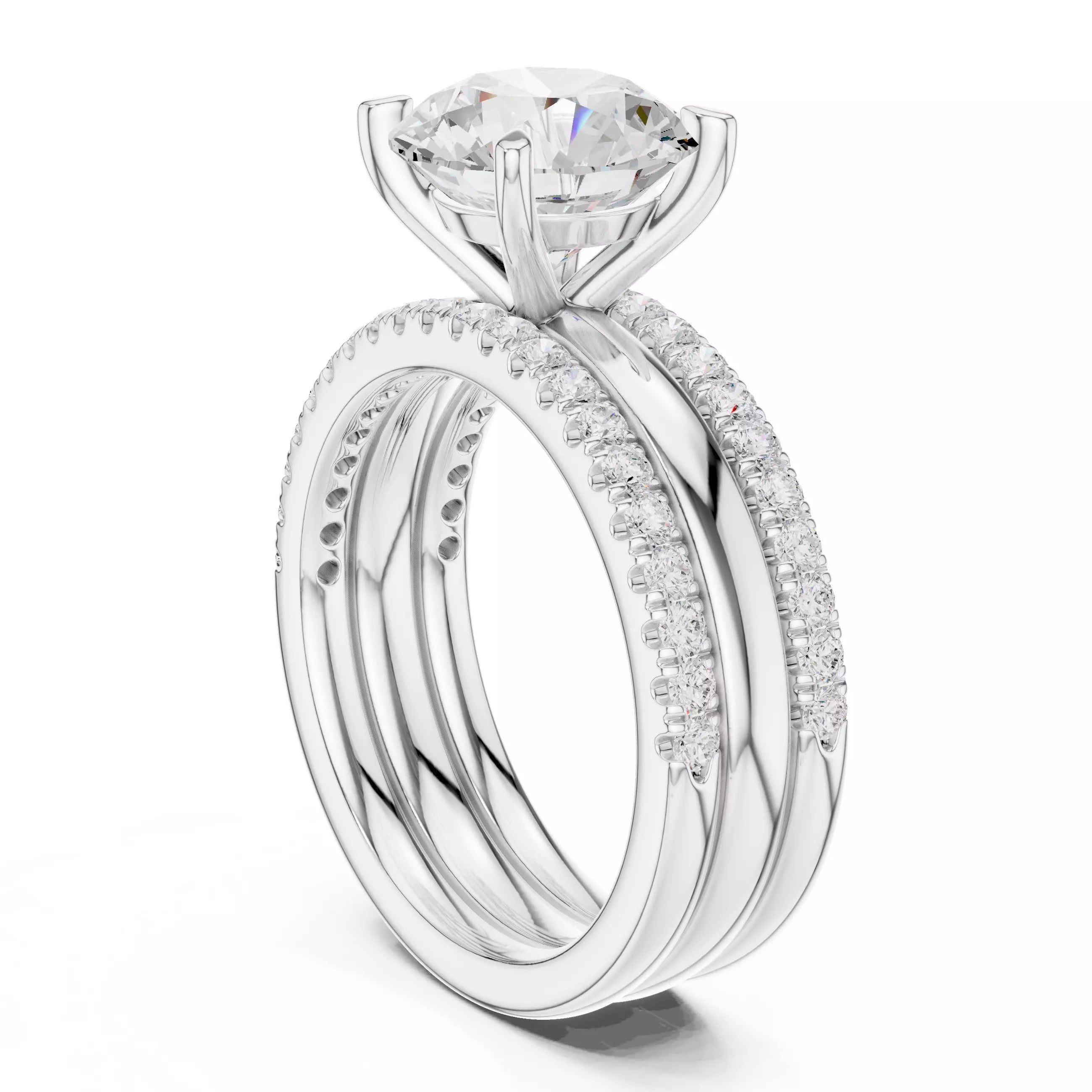 Round Diamond Ring With Two Stacking Band Set in White Gold - side view