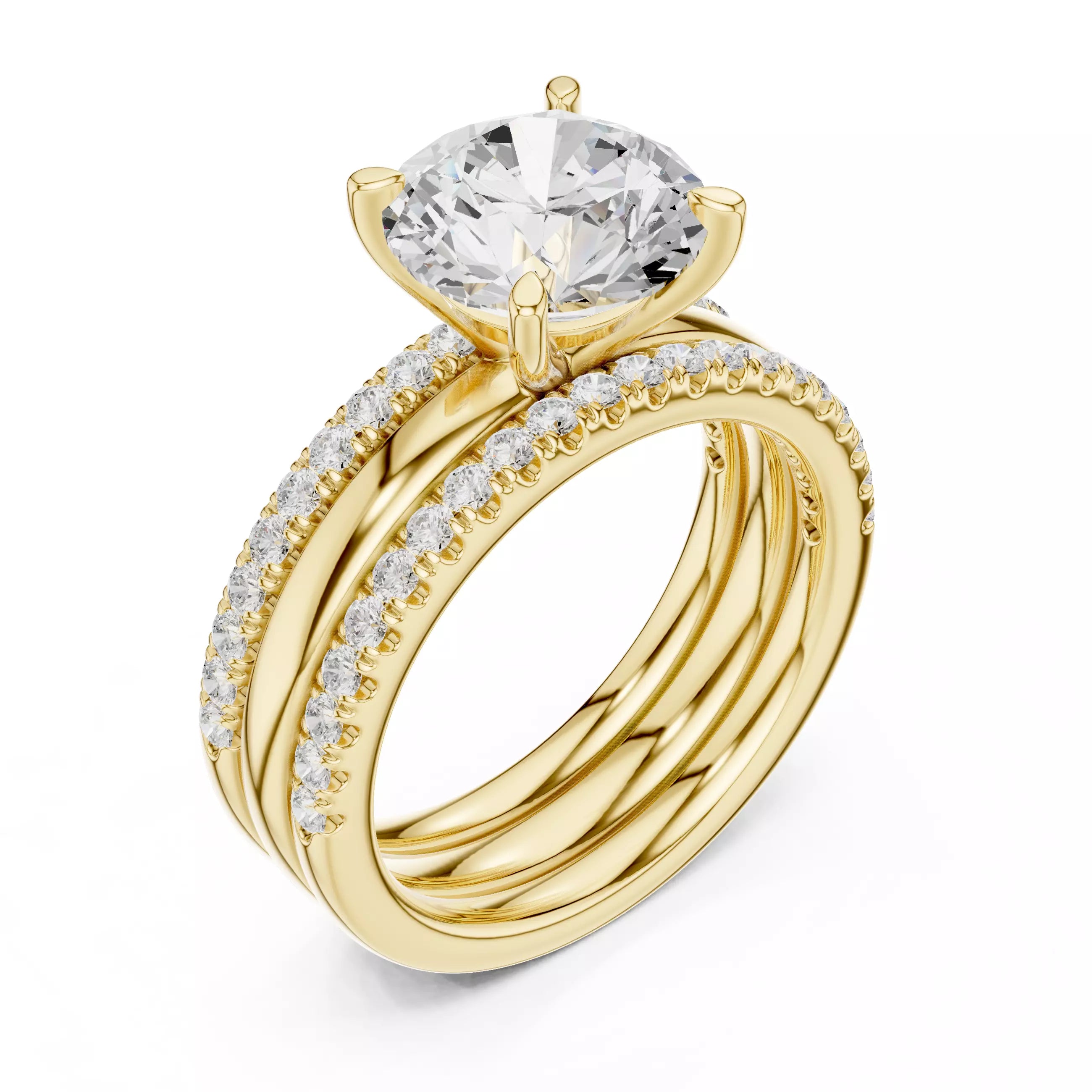 Round Diamond Ring With Two Stacking Band Set in Yellow Gold - angle view