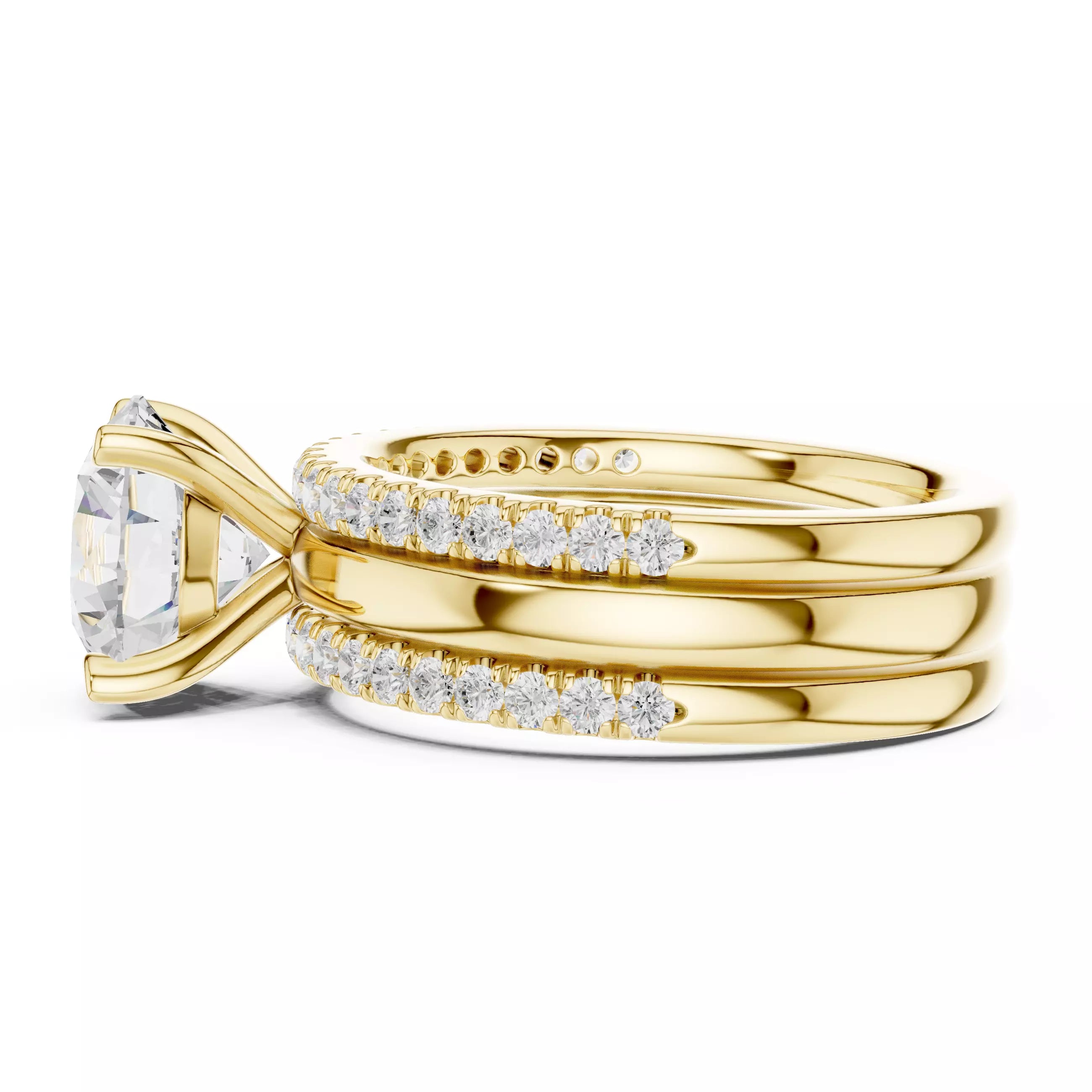 Round Diamond Ring With Two Stacking Band Set in Yellow Gold - detail view