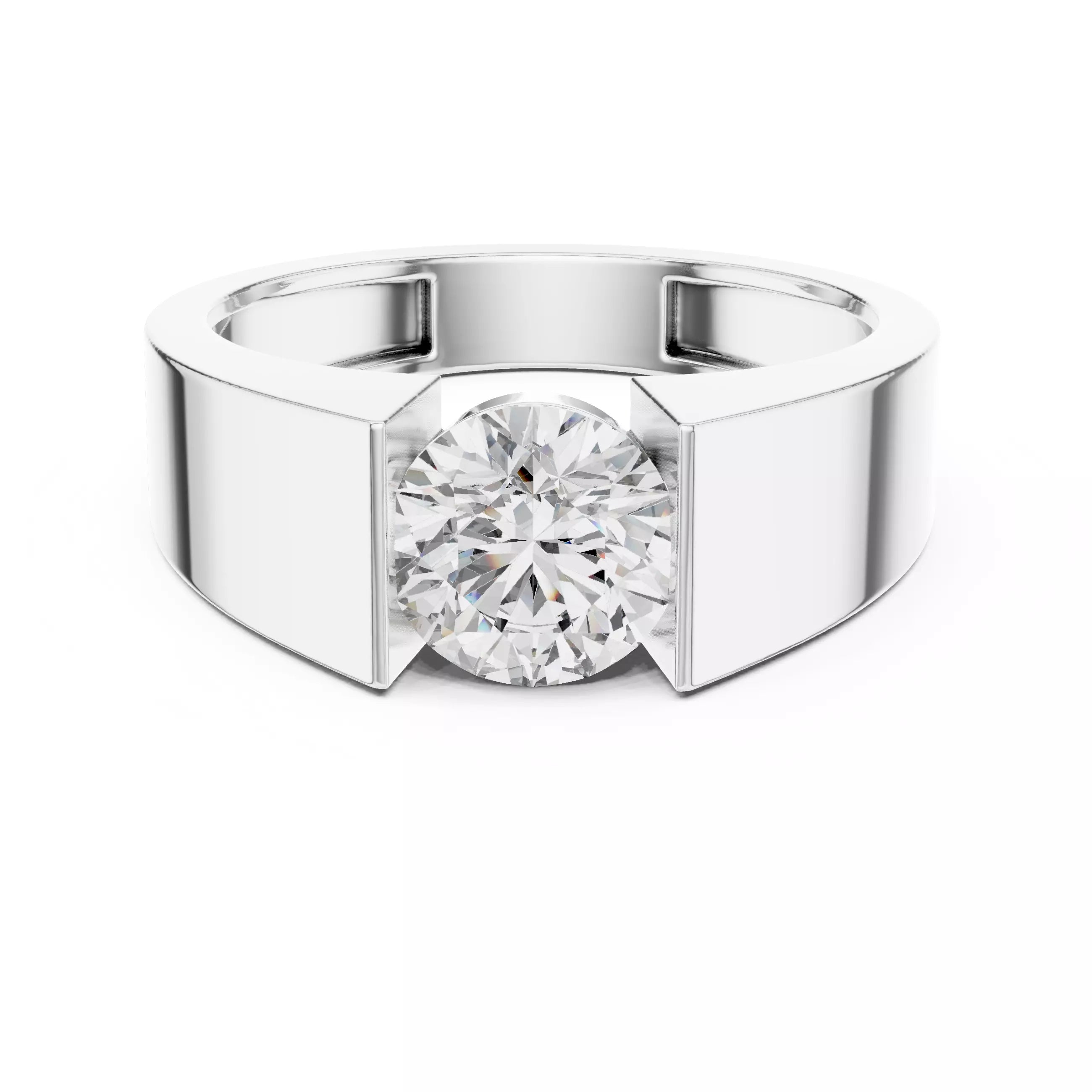 Solitaire Round Cut Tension Set Engagement Ring in White Gold - front view