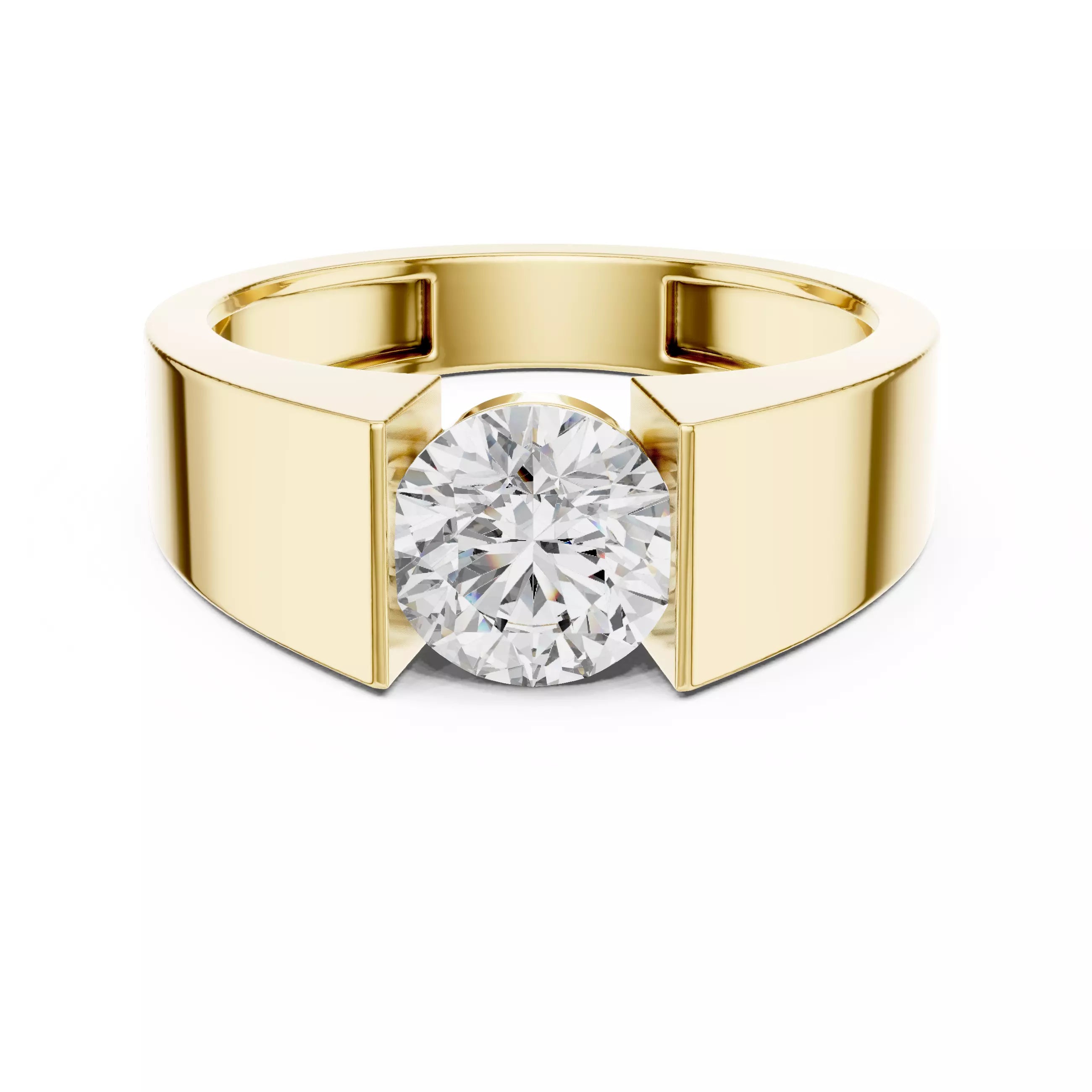 Solitaire Round Cut Tension Set Engagement Ring in Yellow Gold - front view