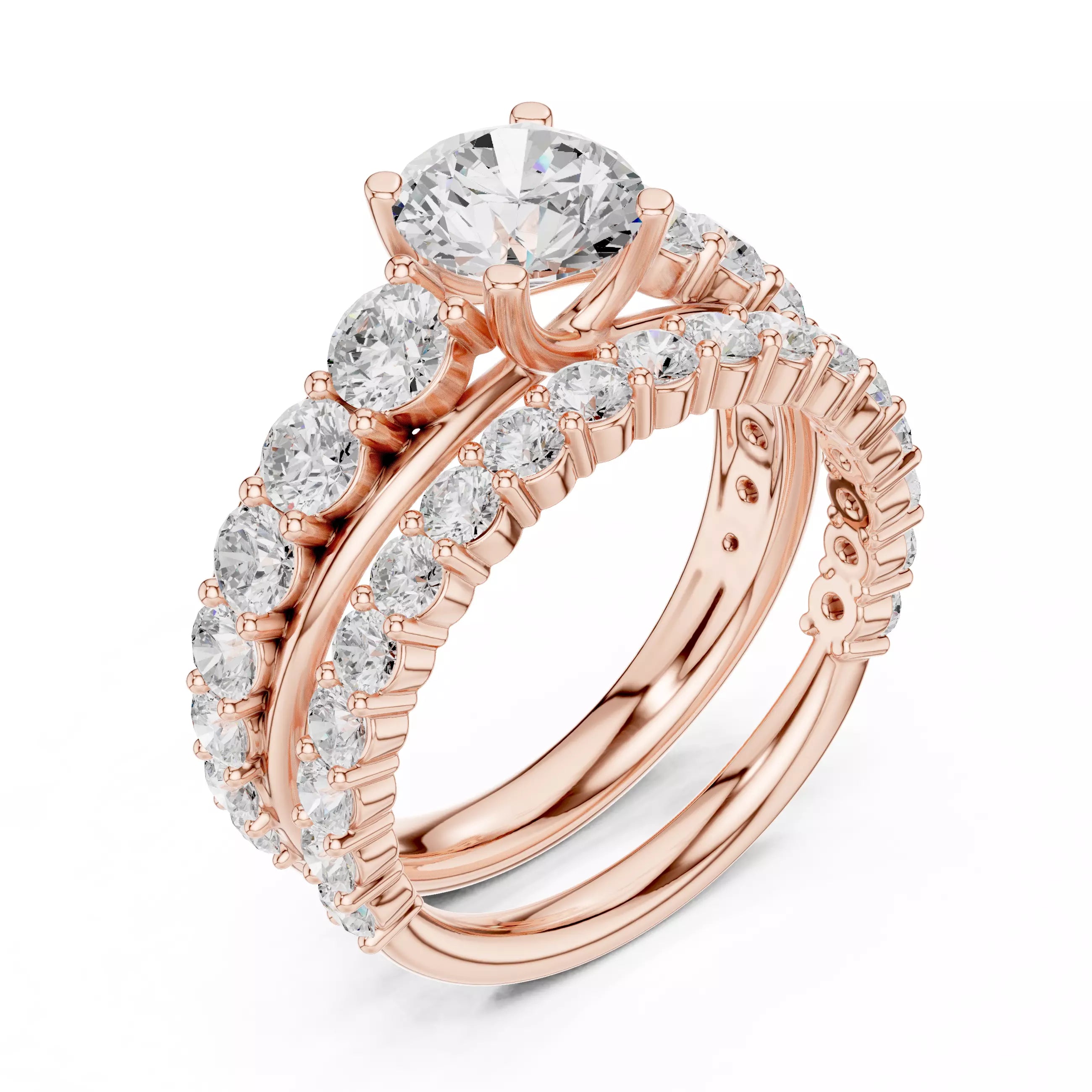 Round Cut Diamond Taper Shank Wedding Ring Set in Rose Gold - angle view