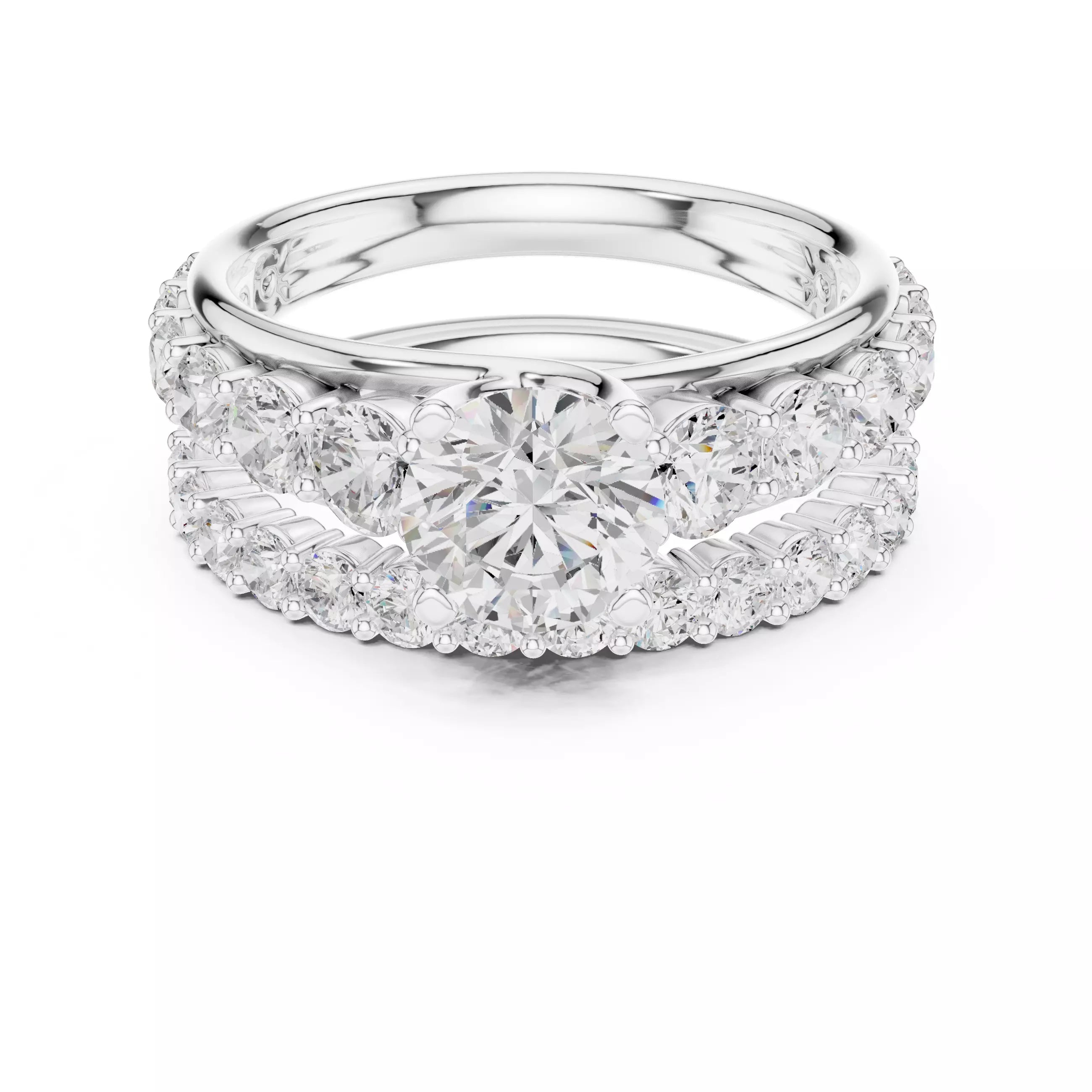 Round Cut Diamond Taper Shank Wedding Ring Set in White Gold - front view