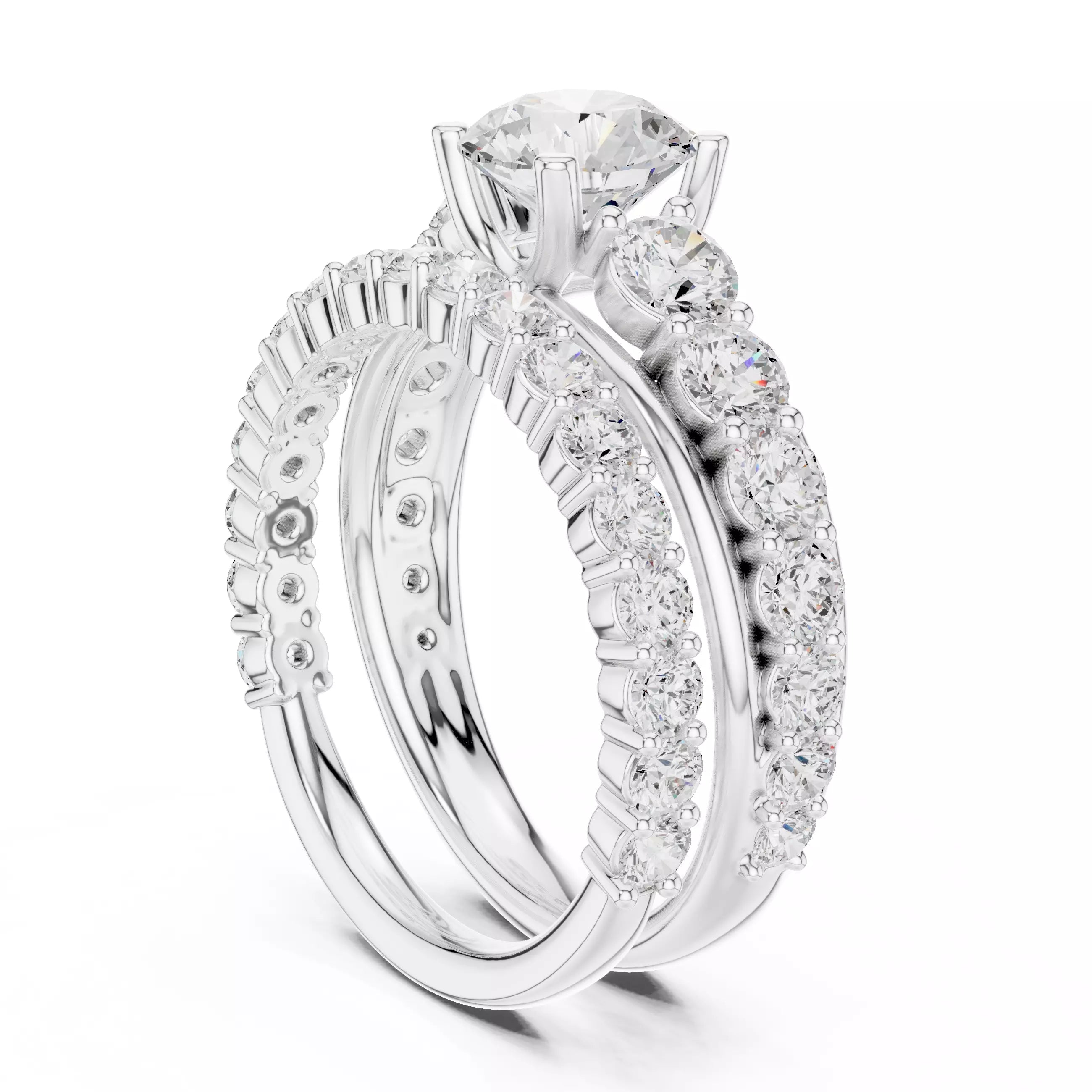 Round Cut Diamond Taper Shank Wedding Ring Set in White Gold - side view