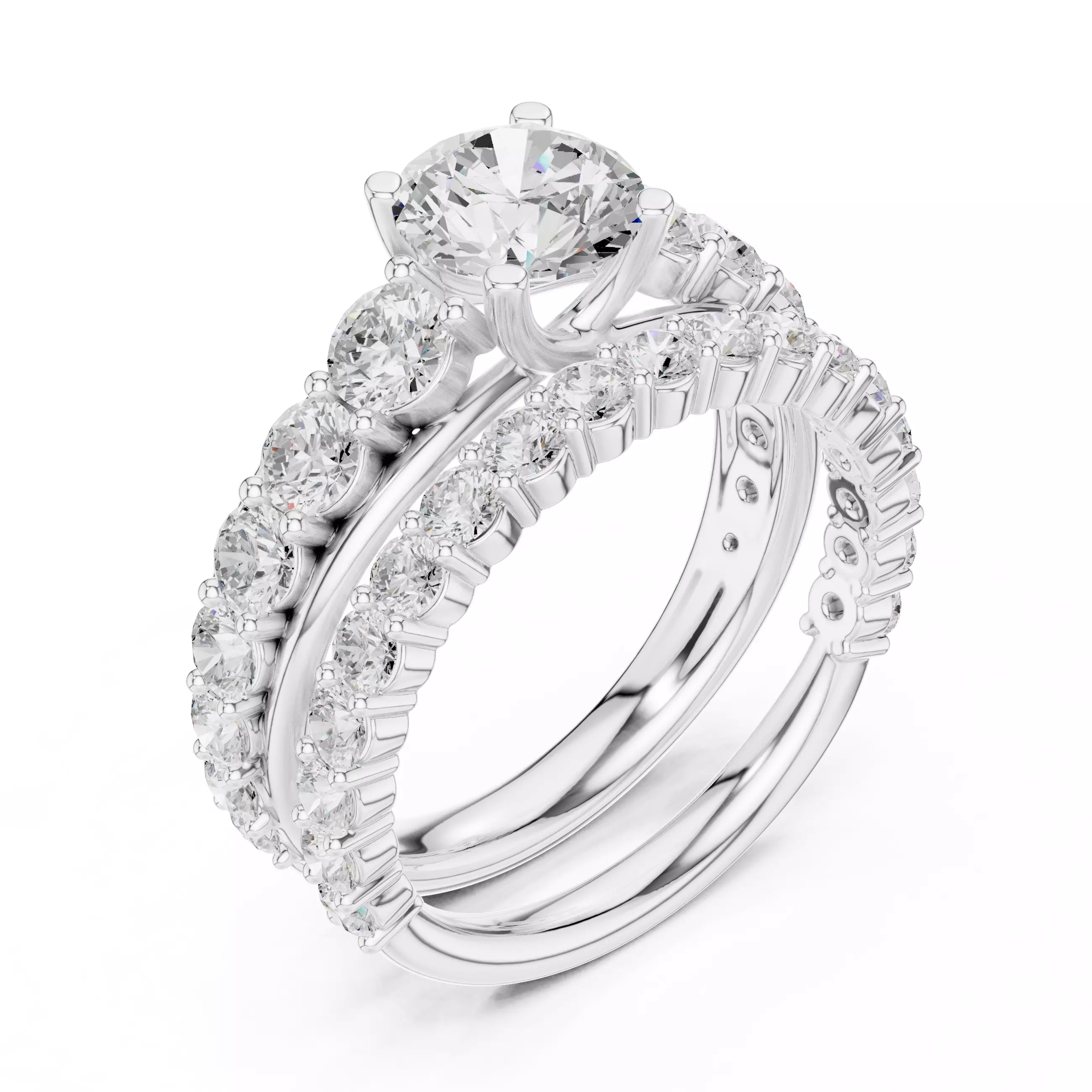 Round Cut Diamond Taper Shank Wedding Ring Set in White Gold - angle view