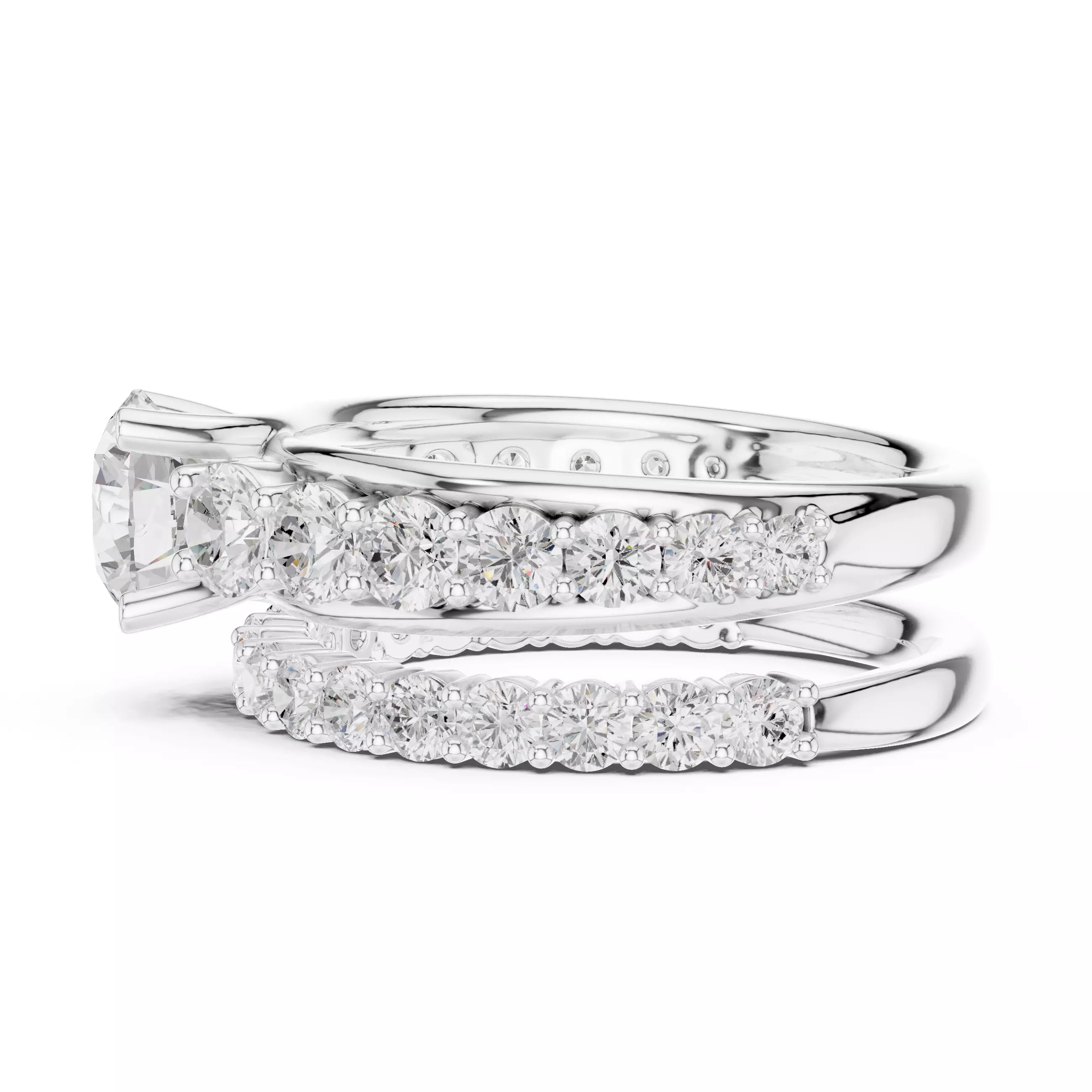 Round Cut Diamond Taper Shank Wedding Ring Set in White Gold - detail view