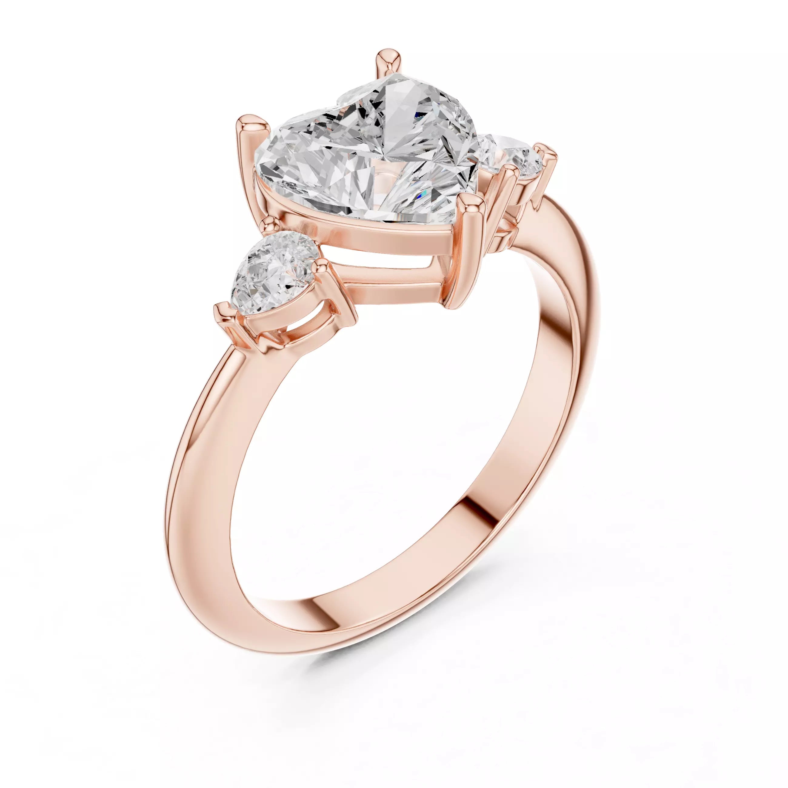 Three Stone Heart And Pear Cut Engagement Ring in Rose Gold - angle view