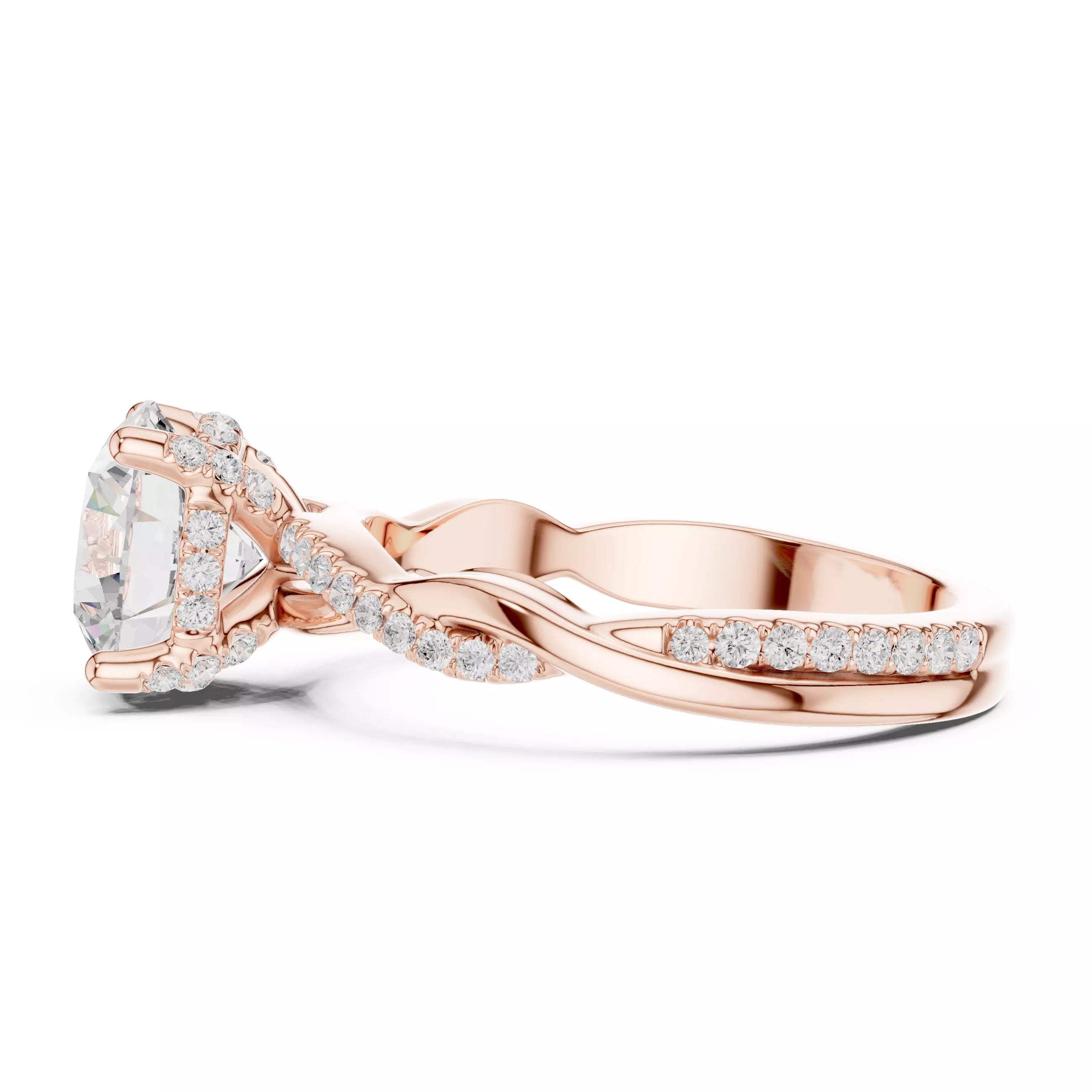 Twisted Shank Round Cut Diamond Engagement Ring in Rose Gold - detail view