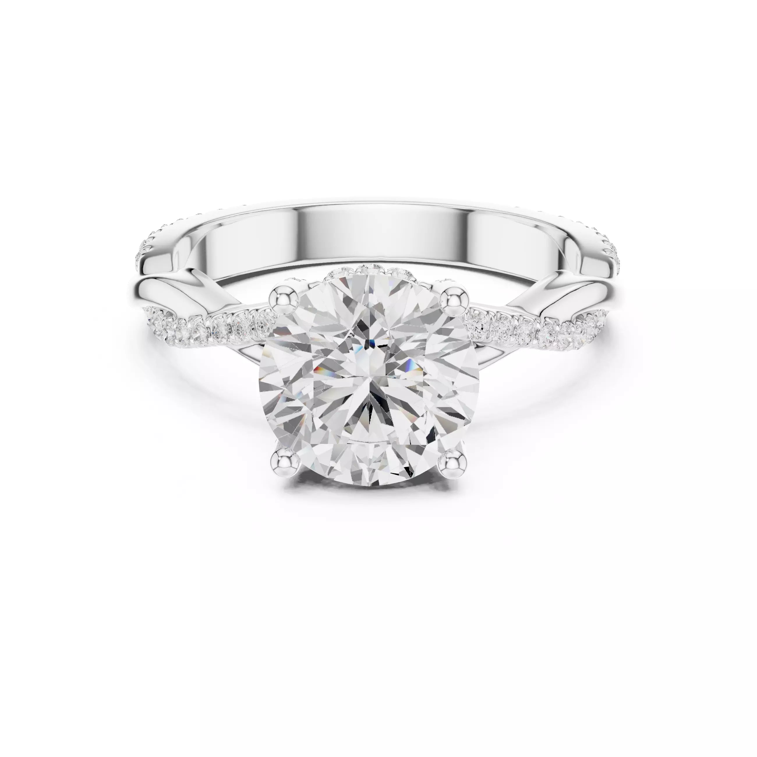 Twisted Shank Round Cut Diamond Engagement Ring in White Gold - front view