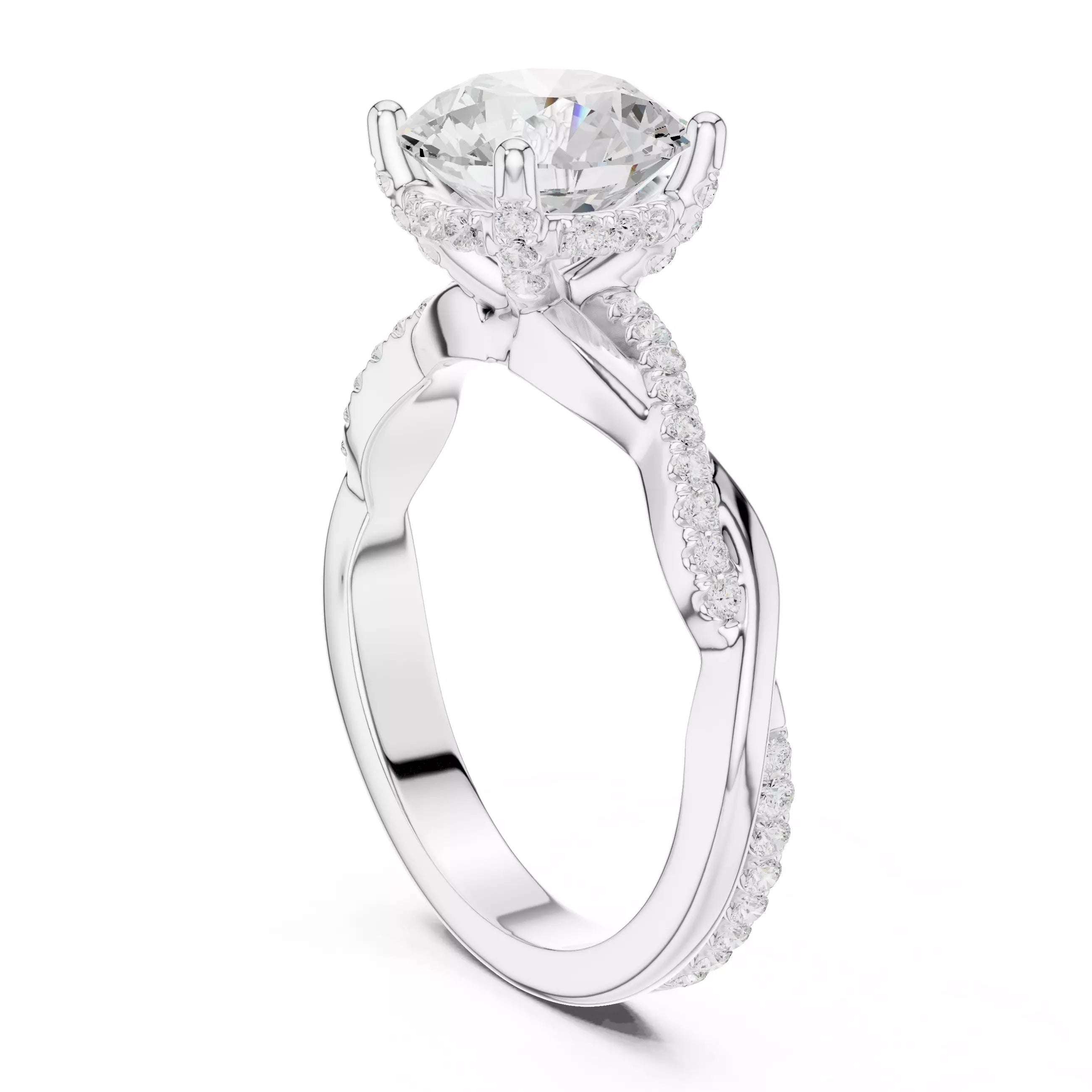 Twisted Shank Round Cut Diamond Engagement Ring in White Gold - side view