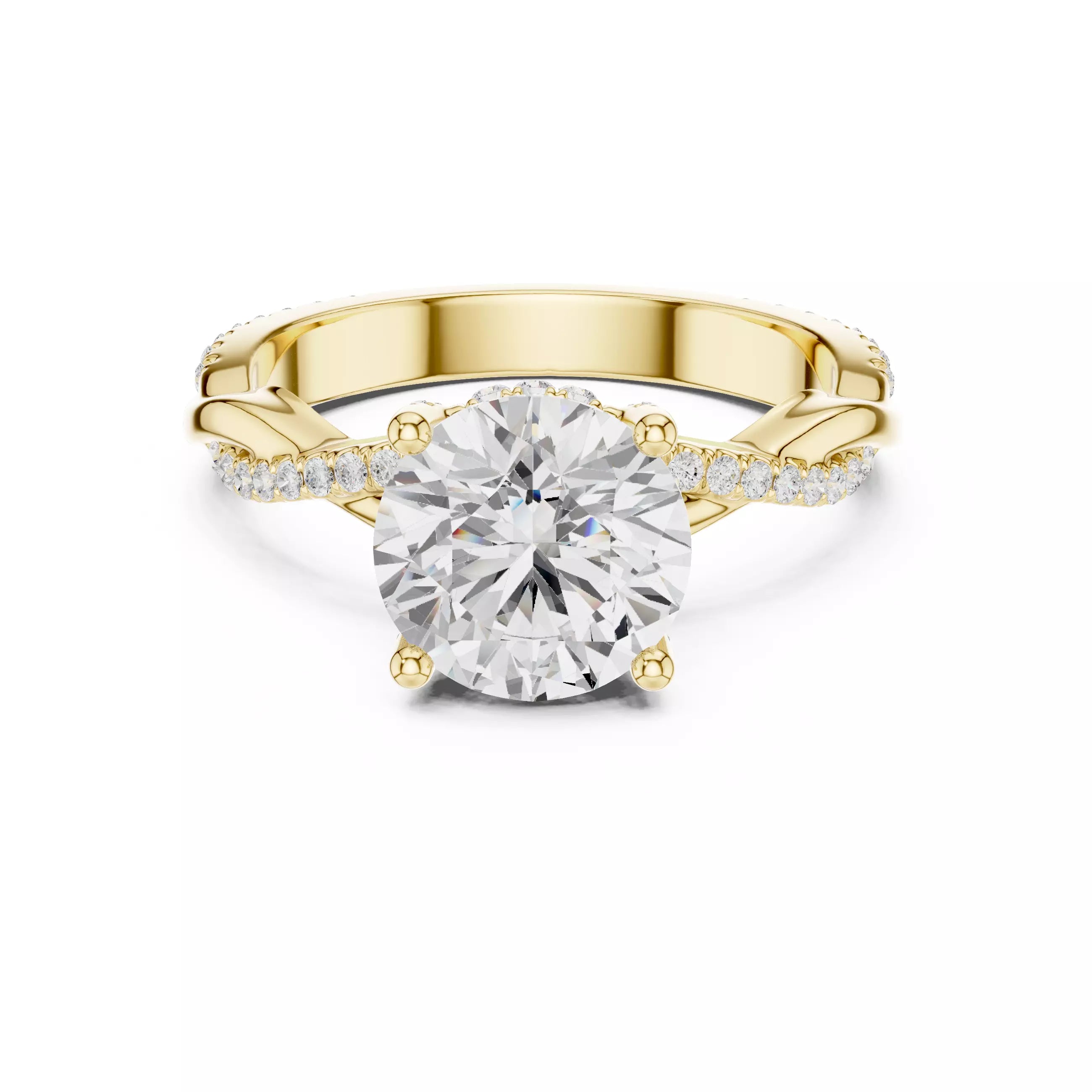 Twisted Shank Round Cut Diamond Engagement Ring in Yellow Gold - front view