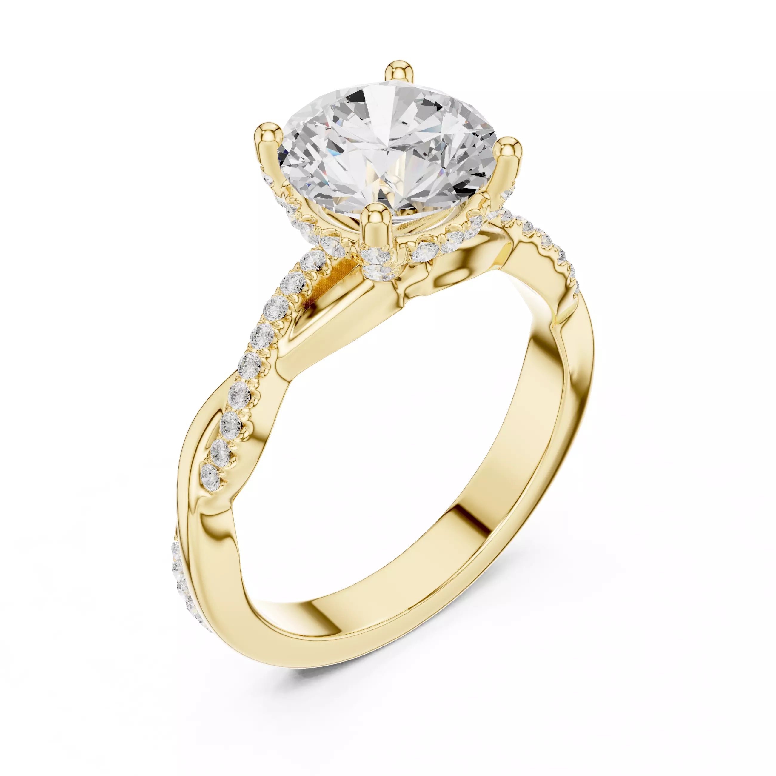 Twisted Shank Round Cut Diamond Engagement Ring in Yellow Gold - angle view